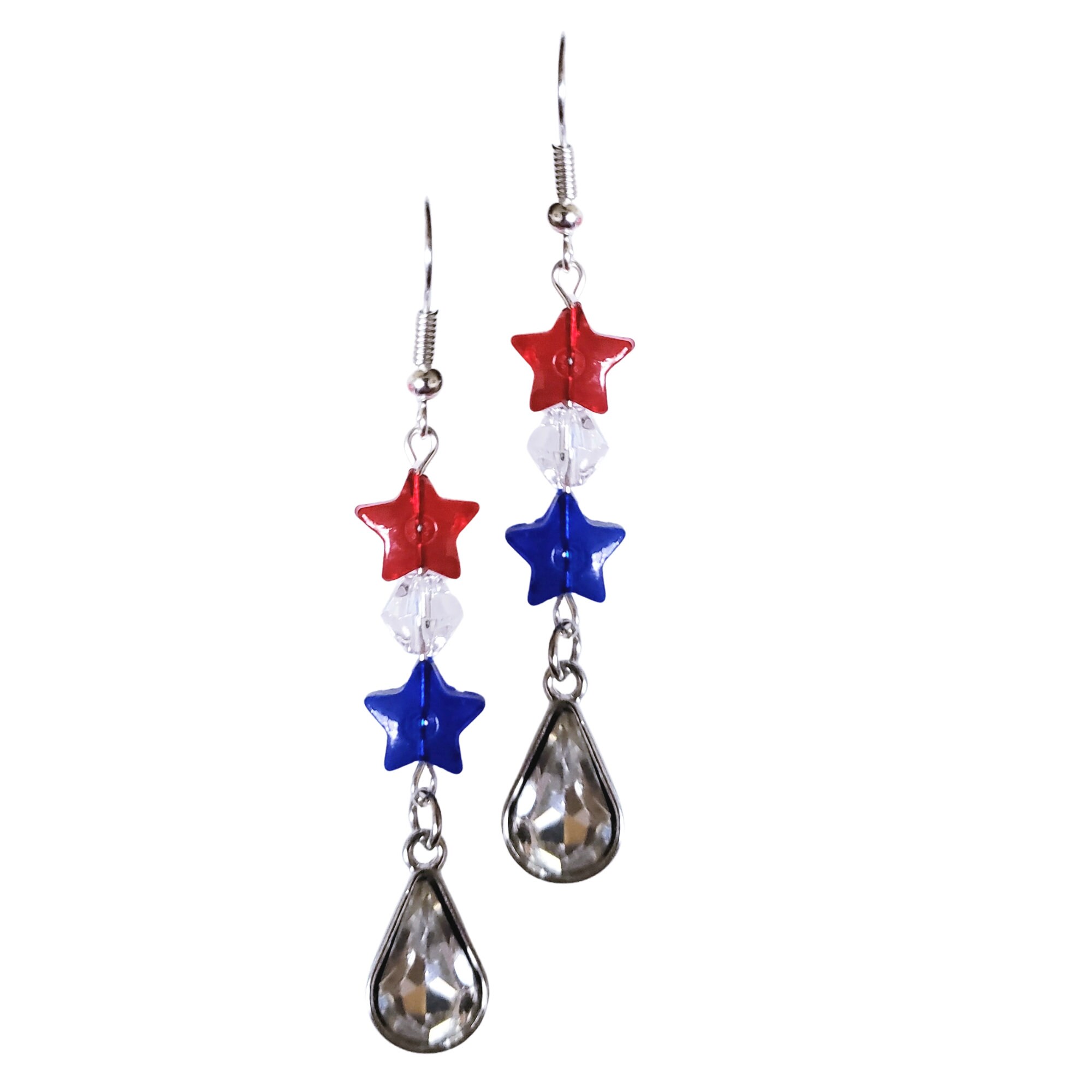 American Red White Blue Crystal Stars and Teardrop Long Patriotic Earrings - 4th of July Earrings - Independence Day Gift Earrings - Thumbnail 2