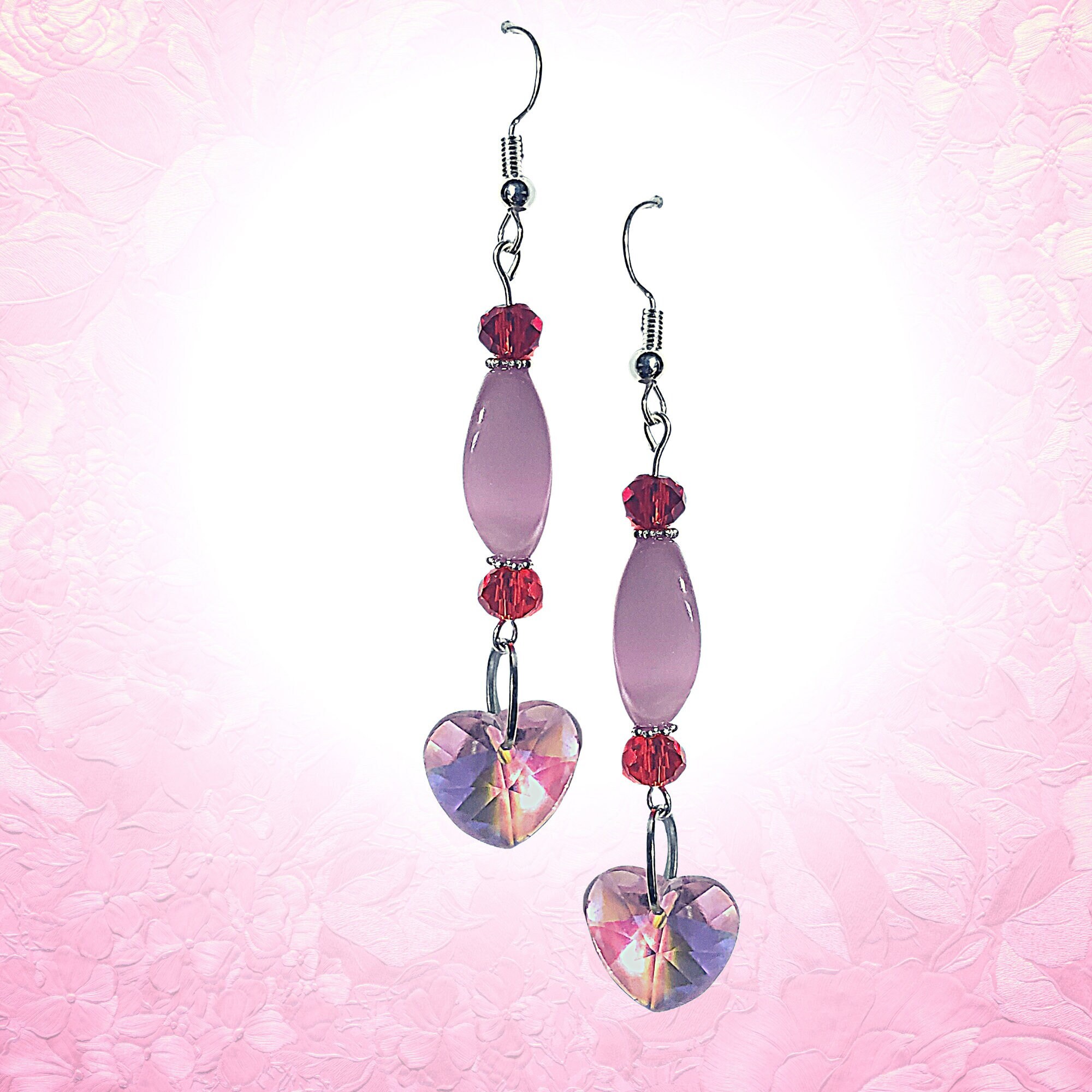 Pink Crystal Heart Earrings-Long Pink Crystal Earrings-Valentine's Gift-Mother's Day Gift -Pink Statement Earring -Pink Fancy Heart Earrings