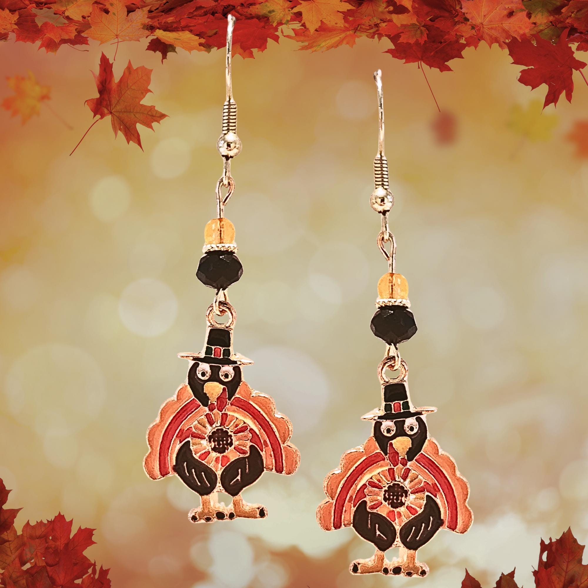 Thanksgiving Turkey Earrings - Goldtone Colorful Enamel Turkey Fall Jewelry - Kawaii Earrings - Cute Turkey Earrings Gift - Thumbnail 2