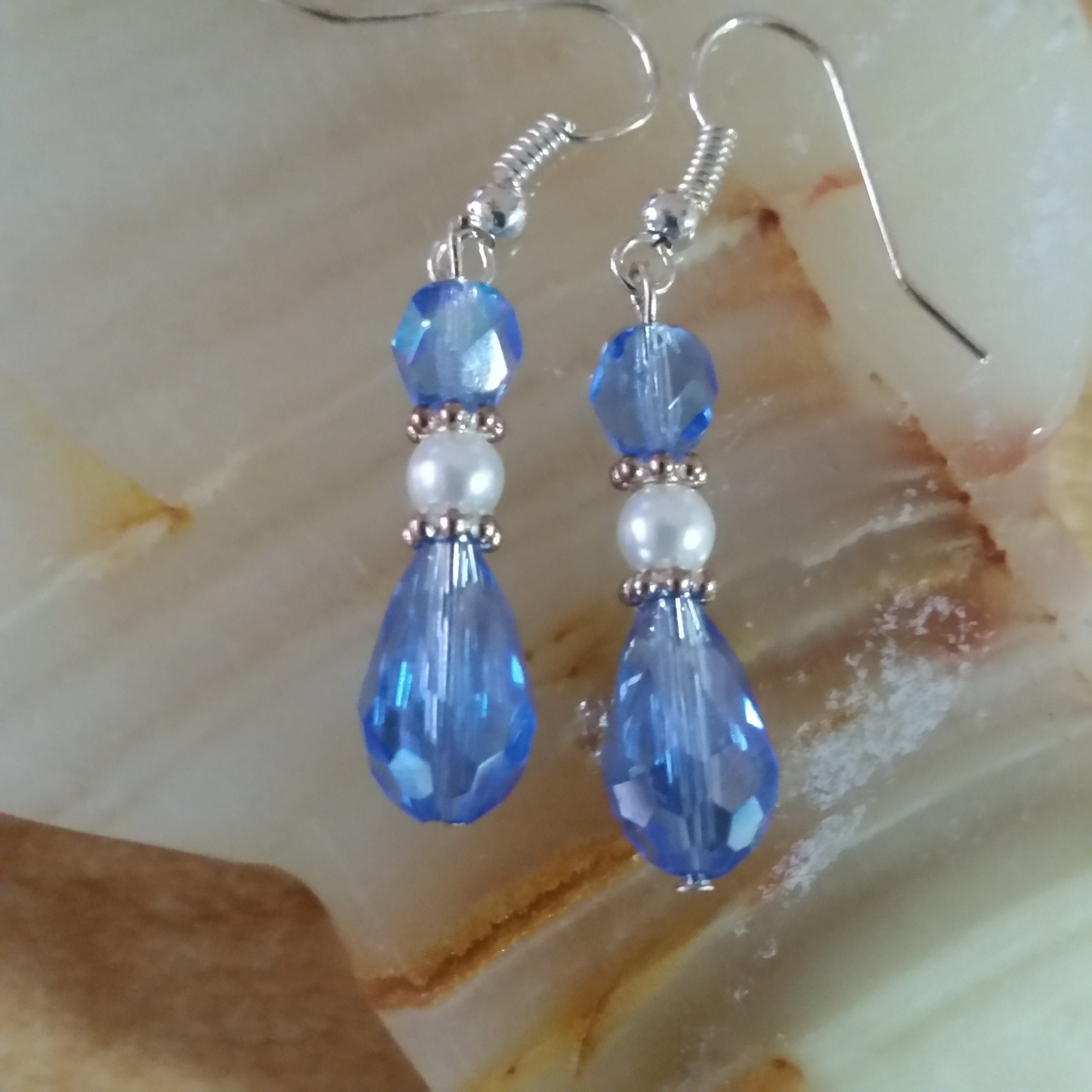 Tanzanite Blue Earrings - Purple Crystal Earrings - Pearl Earrings - Christmas Gift - Birthday Gift - Handmade in USA