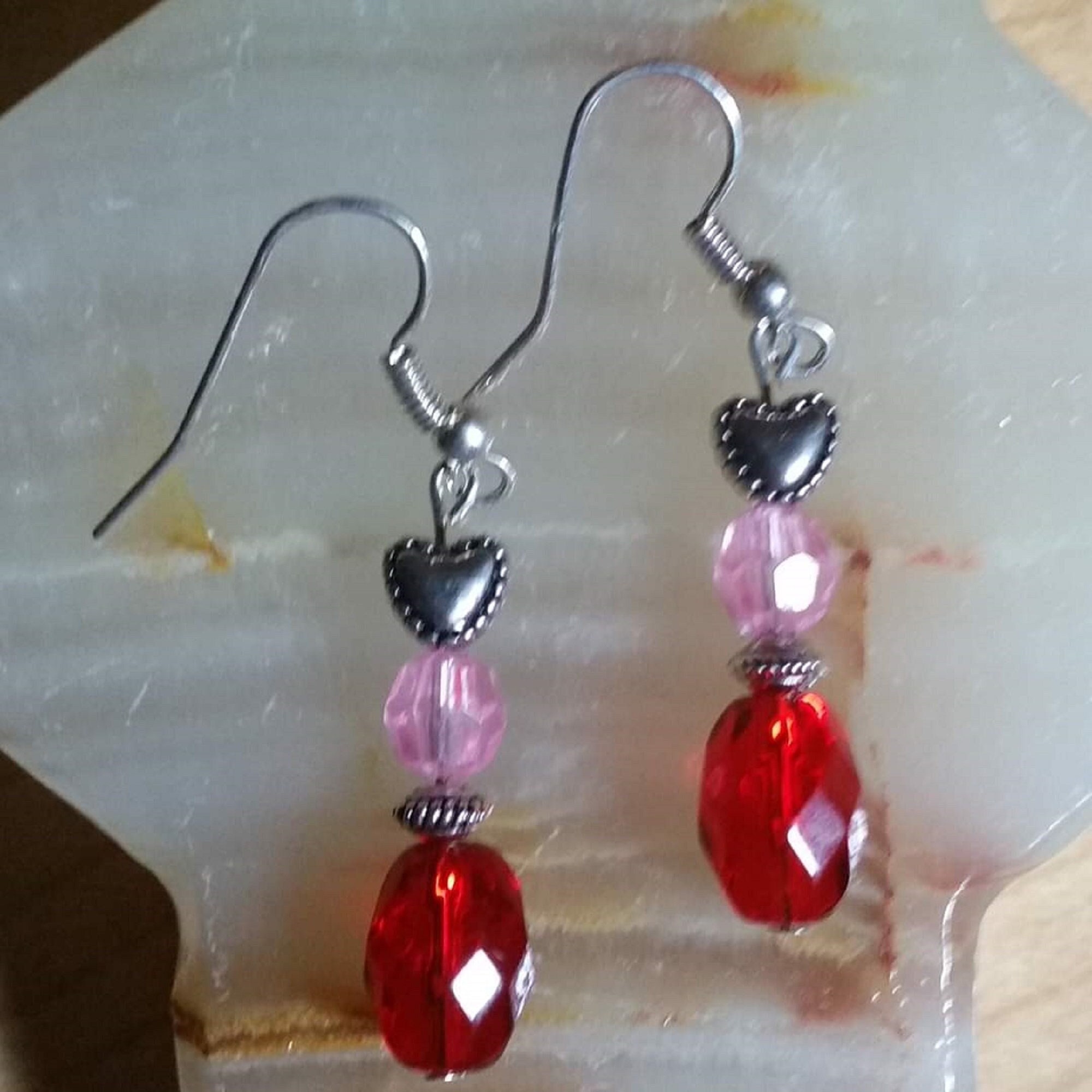 Silver Heart Earrings - Red Crystal Earrings - Pink Crystal Earrings - Heart Jewelry - Heart Gift - Valentine's Gift - Mother's Day Gift