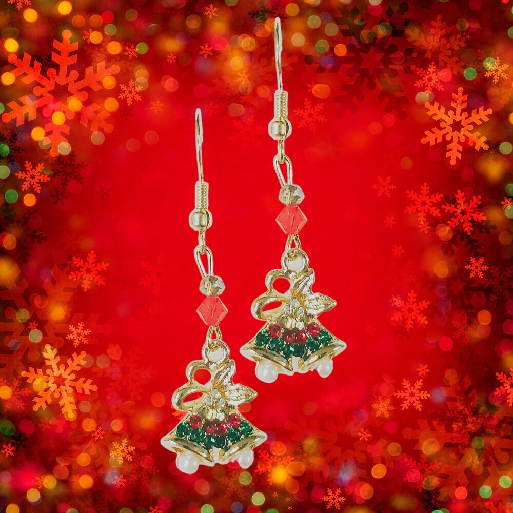 Christmas Earrings - Christmas Bells Earrings - Kawaii Earrings - Christmas Gift Earrings - Red Crystal Earrings - Green Crystal Earring