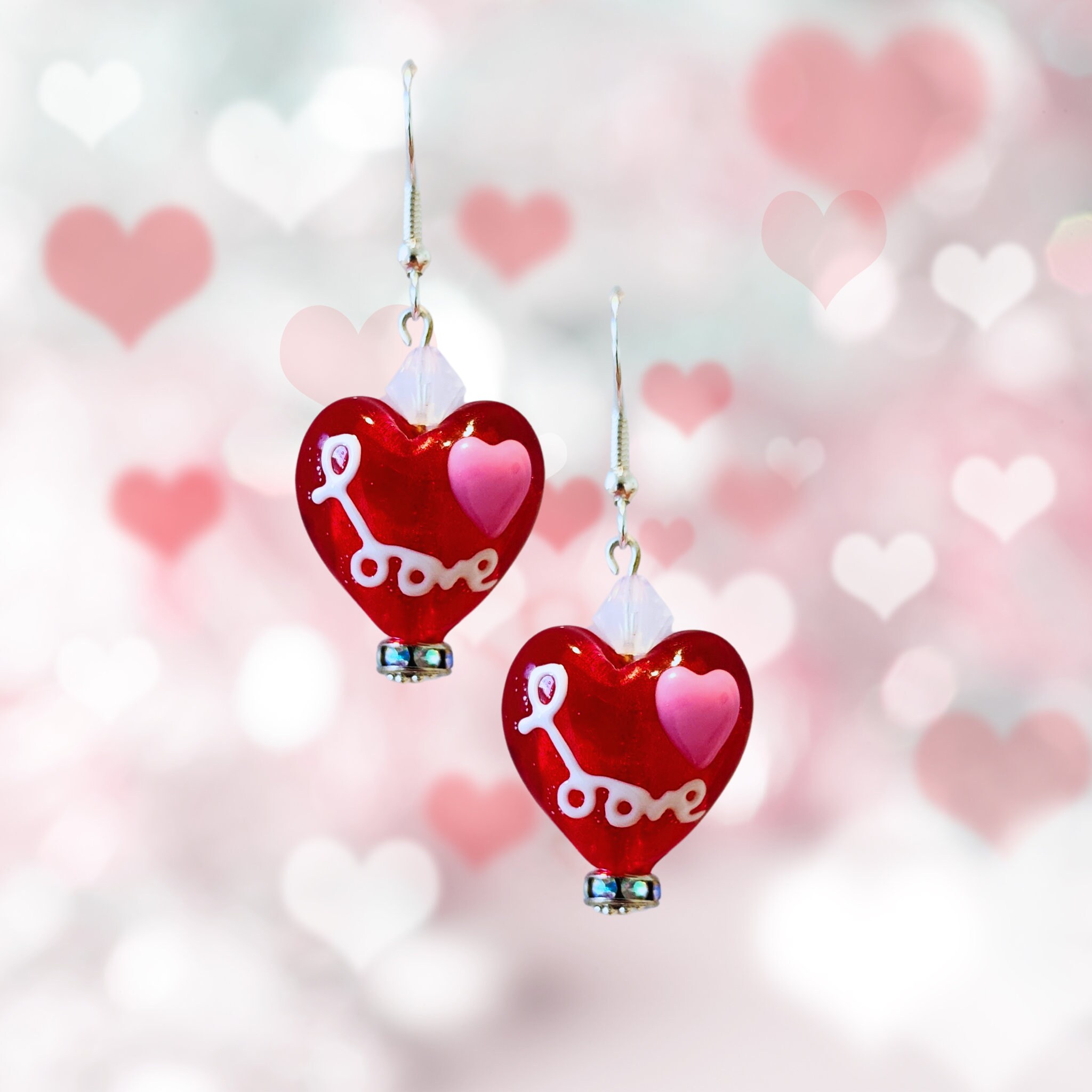 Valentine's Day Heart Earrings - Mother's Day Heart Jewelry - Kawaii Earrings - Red Glass Heart Earrings  Valentine's Day Earrings Gift