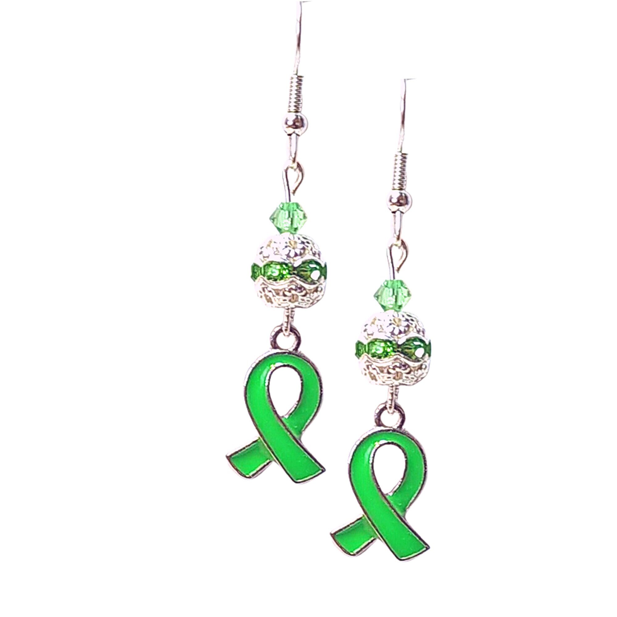Green Ribbon Cancer Awareness Earrings-Liver Cancer Awareness Earrings-Cerebral Palsy Earrings-Eye Cancer Awareness Earrings-Cancer Gift - Thumbnail 2