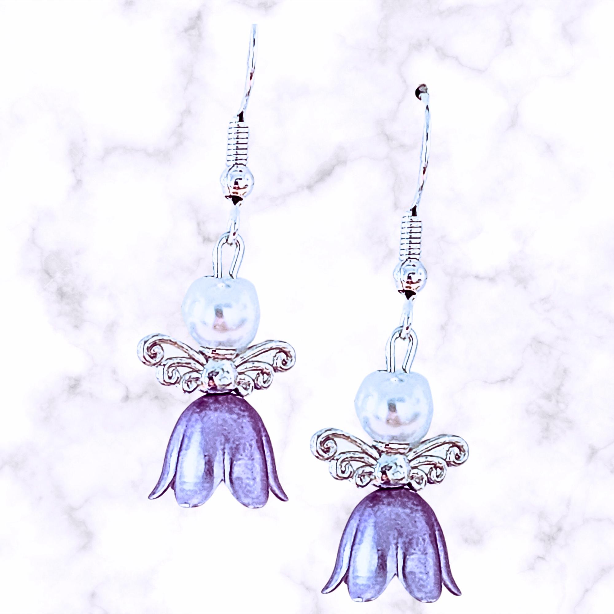Colorful Angel Earrings - Glass Flower Angel Earrings - Pearl Angel Earrings - Christmas Gift - Easter Gift - Birthday Gift - Religious Gift - Thumbnail 4