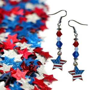 Red White Blue USA Flag Star Long Patriotic Crystal Earrings - American Flag Jewelry - July 4th Earrings - Independence Day Gift