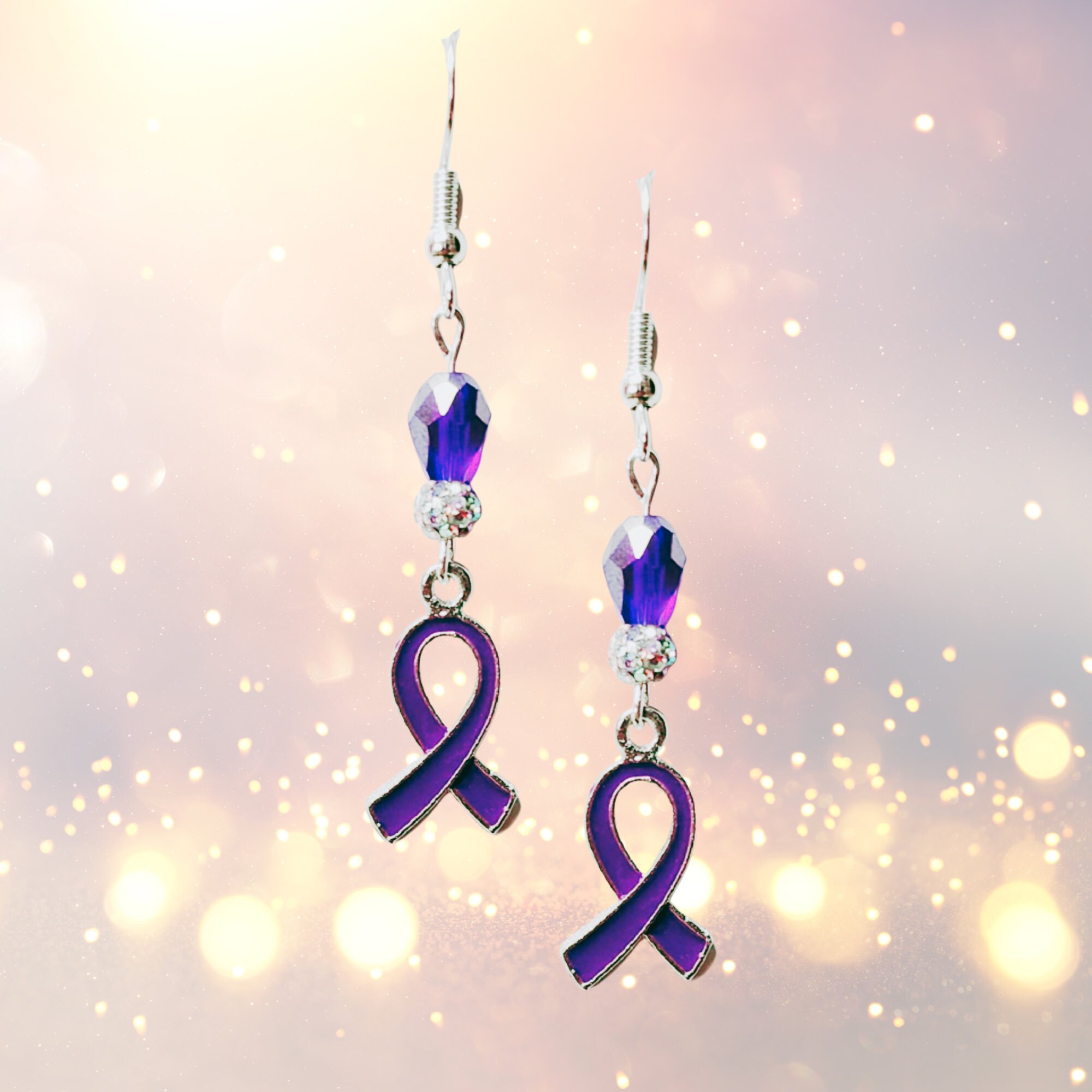 Purple Ribbon Cancer Awareness Earrings - Pancreatic Cancer Awareness Earrings - Lupus Awareness Earrings - Purple Crystal Cancer Gift