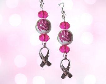 Breast Cancer Earrings-Silver HOPE Cancer Ribbon Earring-Lampwork Flower Crystal Awareness Jewelry - Breast Cancer Survivor Gift-Cancer Gift