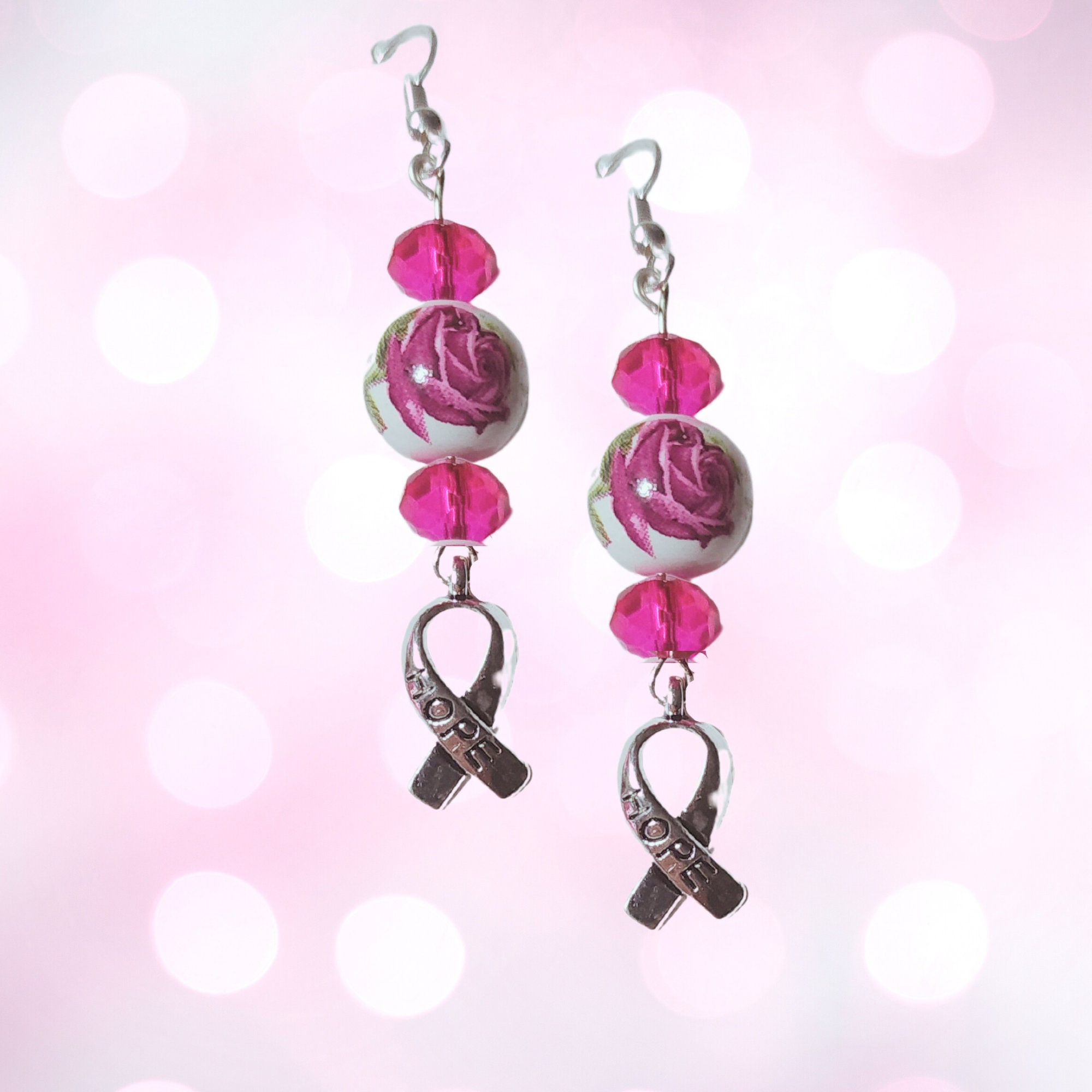 Breast Cancer Earrings-Silver HOPE Cancer Ribbon Earring-Lampwork Flower Crystal Awareness Jewelry - Breast Cancer Survivor Gift-Cancer Gift
