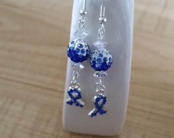 Colon Cancer Awareness Earrings-Blue Rhinestone Ribbon Cancer Earrings-Blue Crystal Earrings-Diabetes Awareness Jewelry-Prostate Cancer Gift