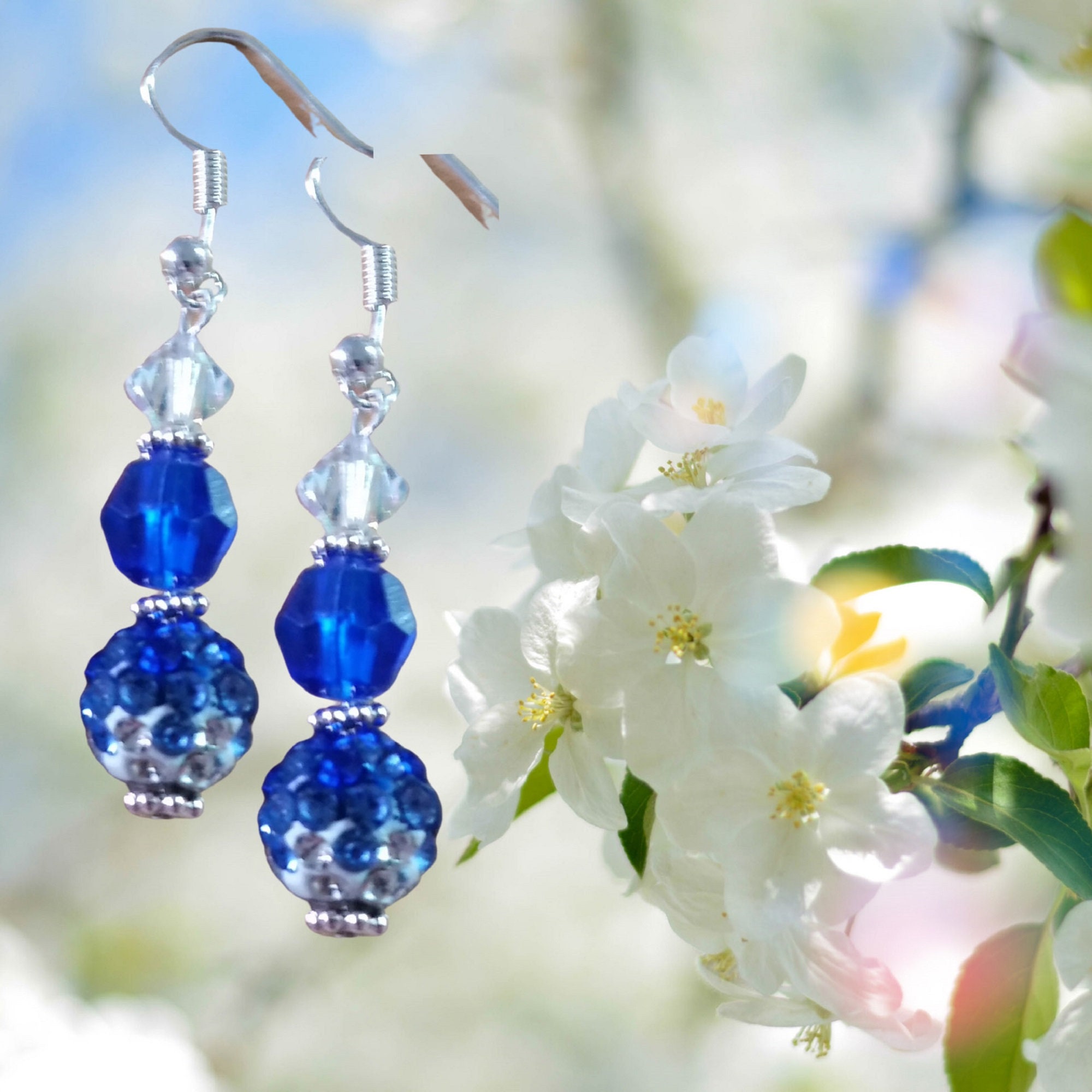 Blue Crystal Hook Earrings - Christmas Gift for Her - Birthday Gift Earrings - Dangle Earrings - Statement Earrings