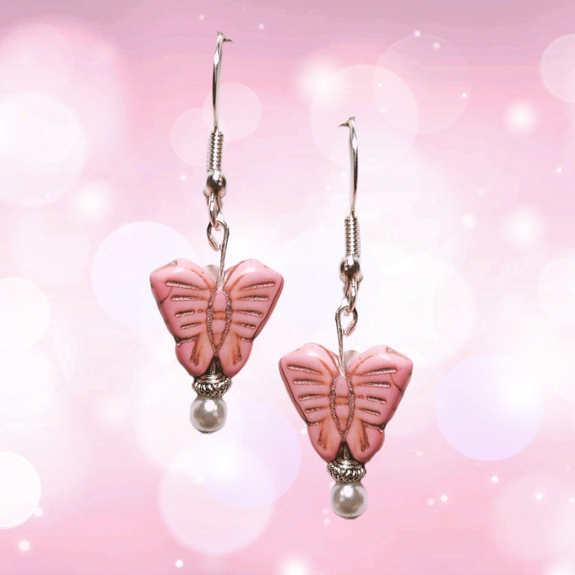 Butterfly Lovers Howlite Earrings - MANY COLORS - Colorful Butterfly Earrings-Spring Gift Earrings - Kawaii Earrings - Handmade Dangles - Thumbnail 4