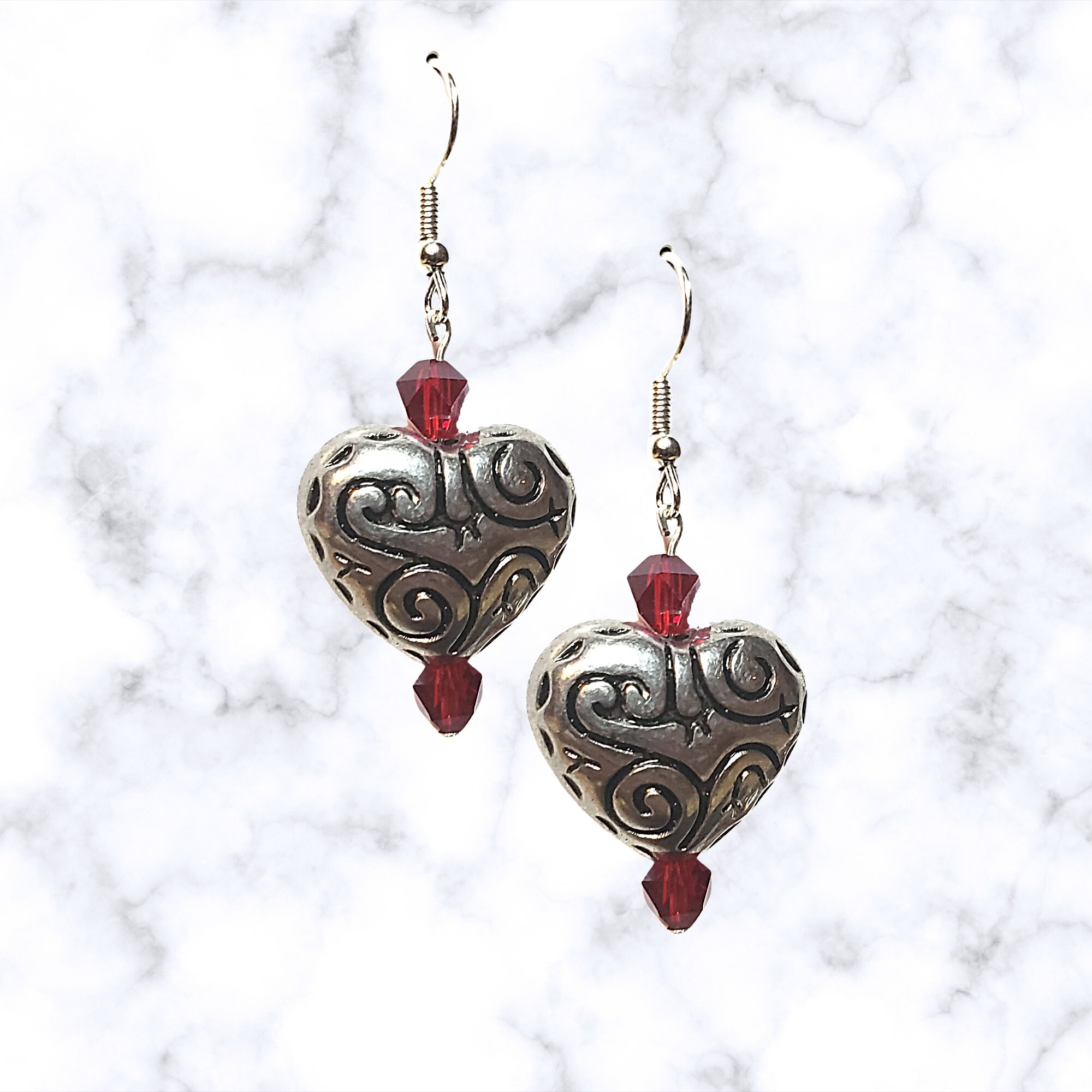 Silver Filigree Heart Earrings - Red Crystal Earrings - Heart Jewelry - Heart Gift -Mother's Day Gift - Valentine's Day Gift - Birthday Gift - Thumbnail 2