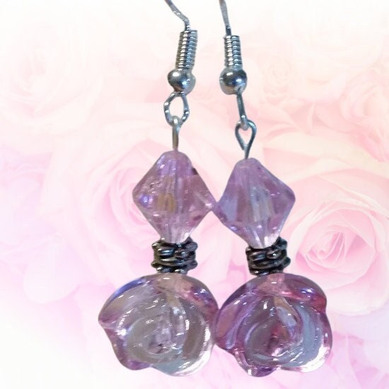 Pink Rose Earrings-Pink Crystal Earrings-Pink Flower Earrings-Pink Gift Earrings -Kawaii Earrings-Valentine's Day Earrings-Mother's Day Gift