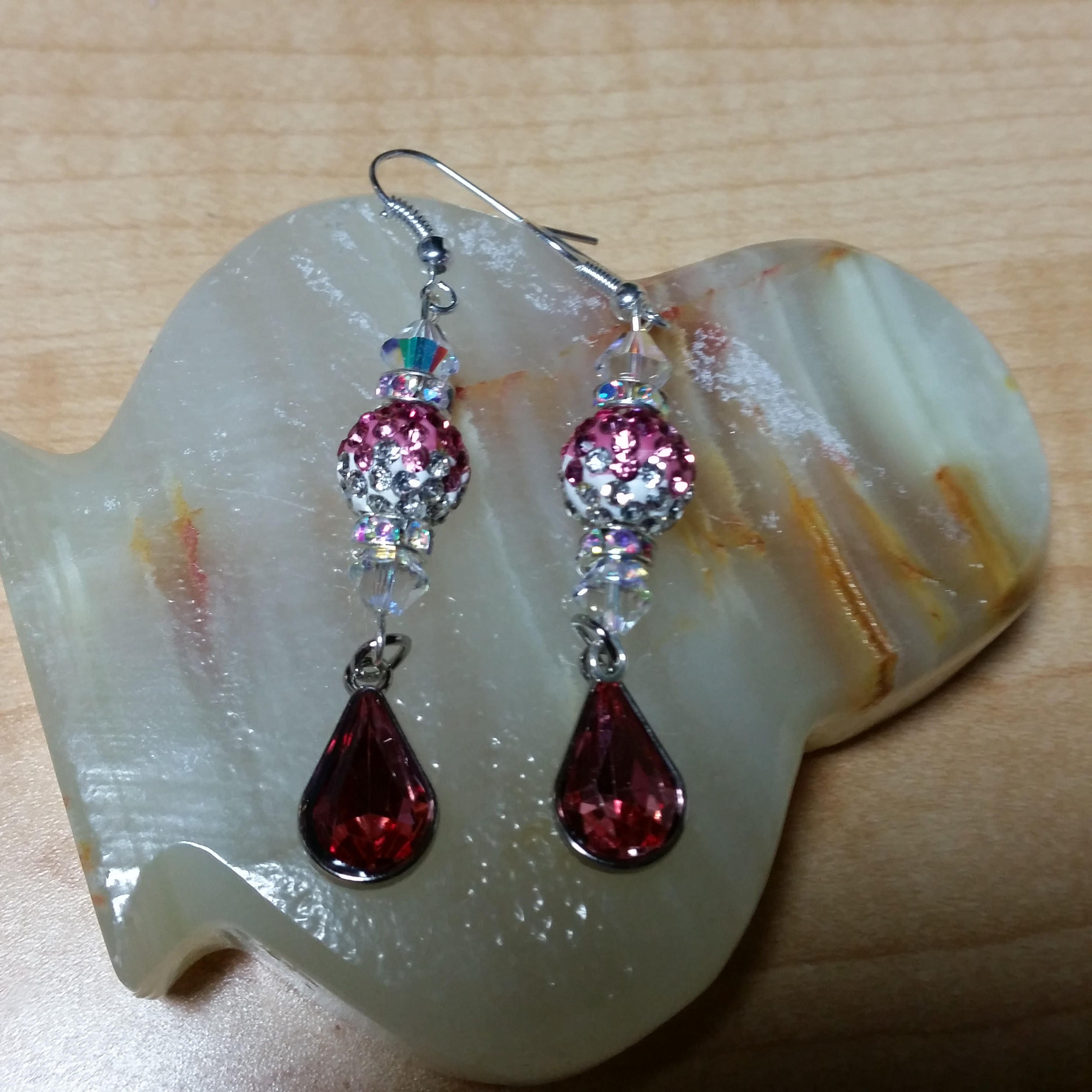 Pink Crystal Teardrop Earrings -Pink Crystal Dangle Earrings -Christmas Gift -Birthday Gift-Earring Gift-Made in USA-long Statement Earrings - Thumbnail 3