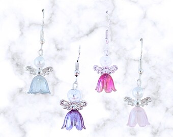 Colorful Angel Earrings - Glass Flower Angel Earrings - Pearl Angel Earrings - Christmas Gift - Easter Gift - Birthday Gift - Religious Gift