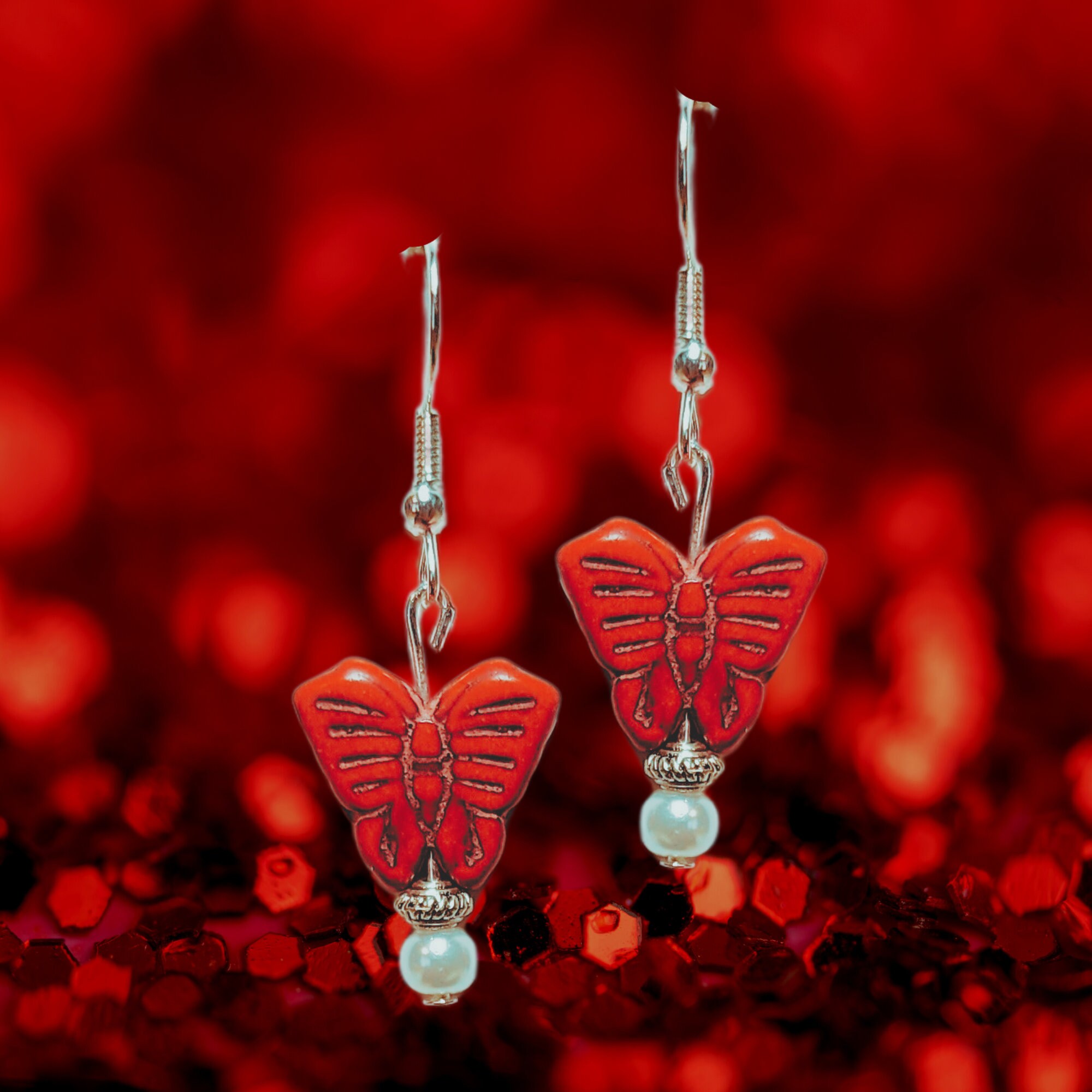 Butterfly Lovers Howlite Earrings - MANY COLORS - Colorful Butterfly Earrings-Spring Gift Earrings - Kawaii Earrings - Handmade Dangles - Thumbnail 3