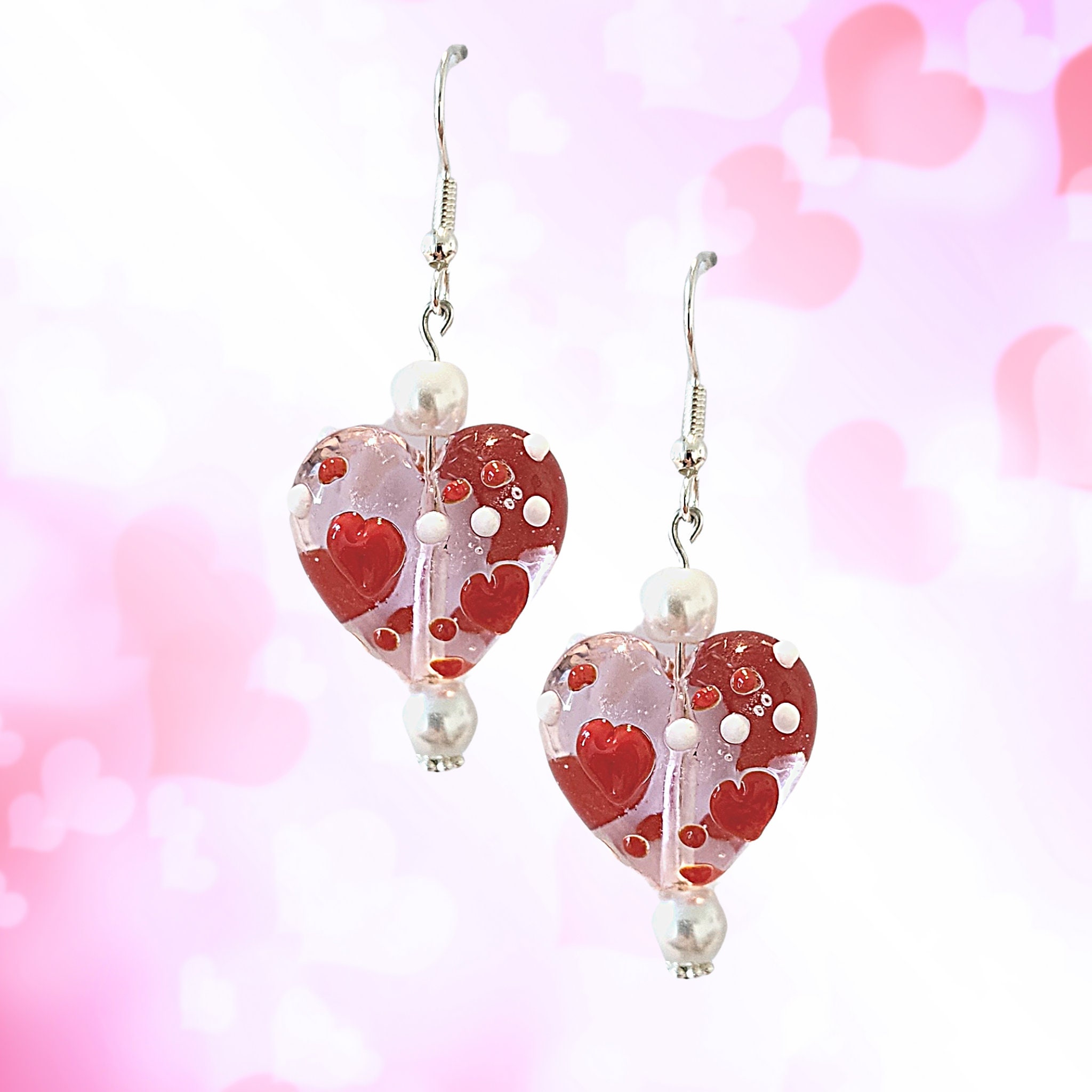 Valentine's Day Heart Earrings - Mother's Day Heart Jewelry - Kawaii Earrings - Pink Glass Heart Earrings  Valentine's Day Earrings Gift - Thumbnail 2