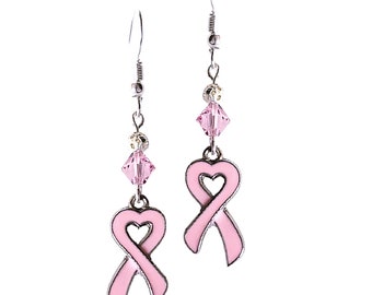 Breast Cancer Earrings - Cancer Awareness Pink Ribbon Earrings - Pink Crystal Earrings - Breast Cancer Ribbon Earrings - Breast Cancer Gift