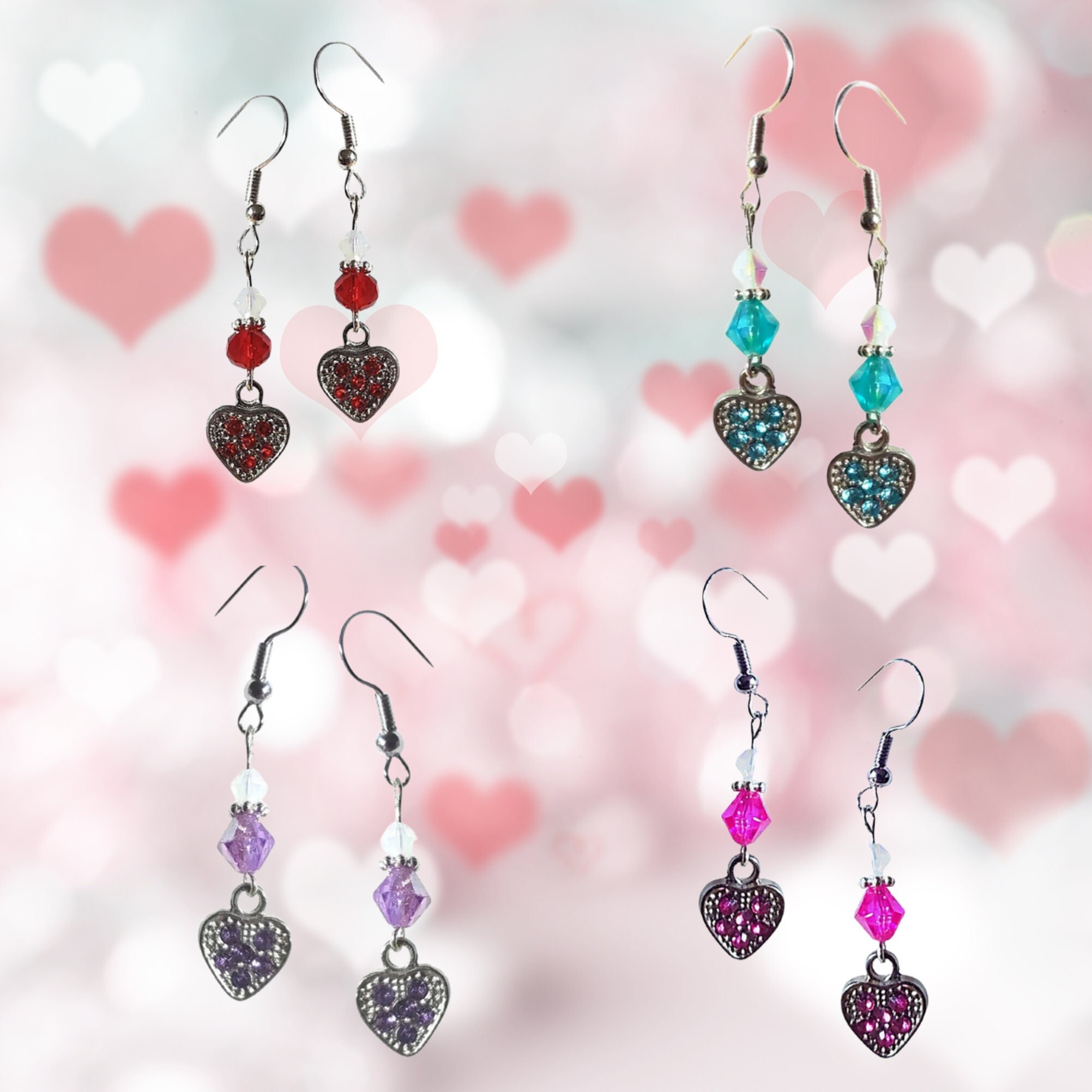 Silver Heart Earrings - Rhinestone Heart Earrings - Colorful Crystal Earrings - Mother's Day Heart Jewelry - Valentine's Day Earrings Gift