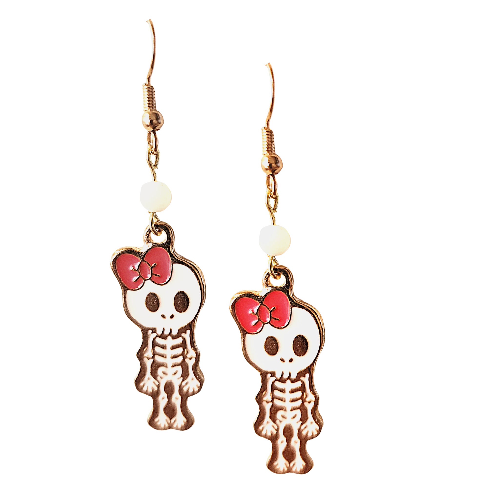 Halloween Earrings - Girl Skeleton Earrings - White Skeleton Earring - Kawaii Earring - Halloween Gift Earrings - Goldtone Cartoon Skeletons - Thumbnail 2