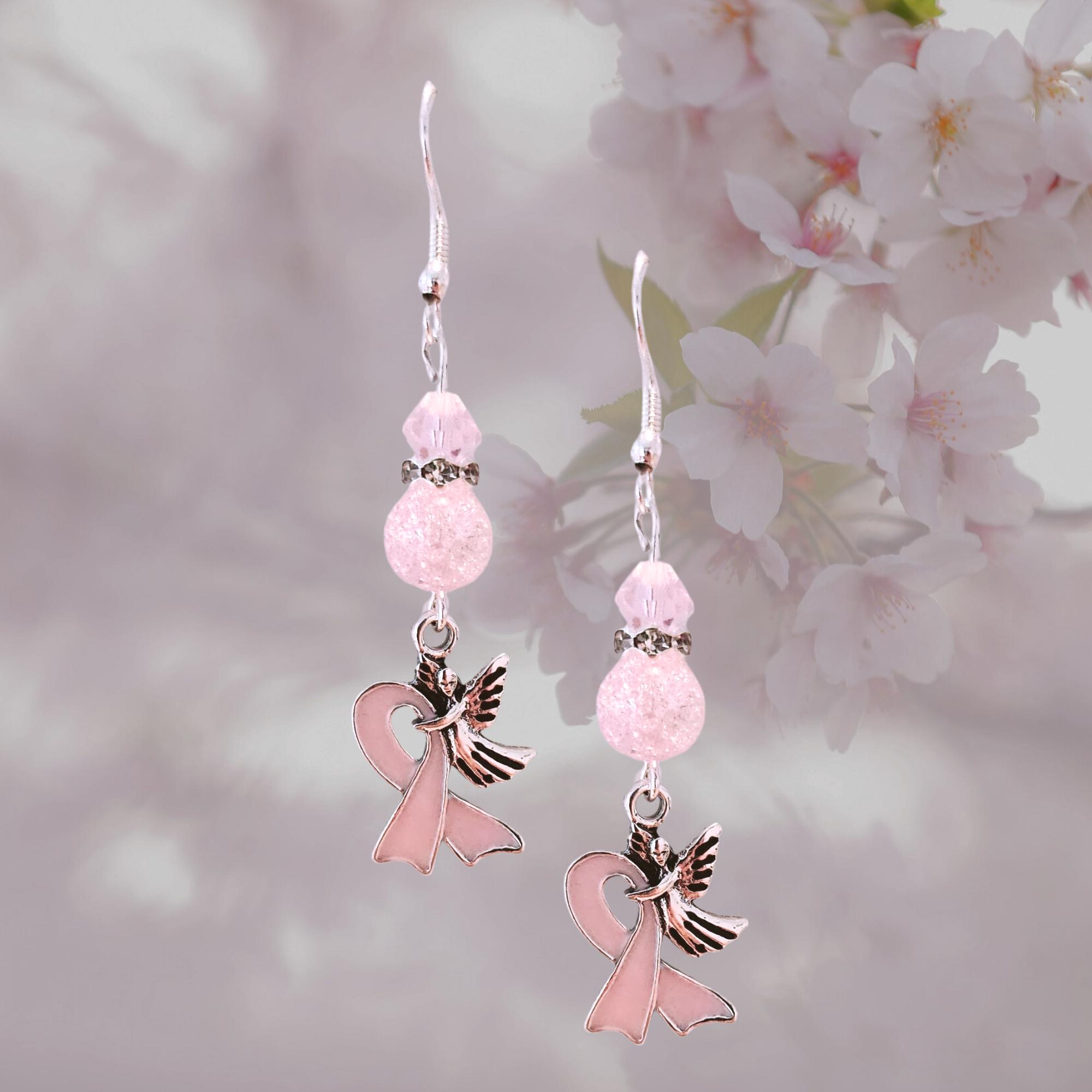 Pink Ribbon with Angel Breast Cancer Earrings - Pink Crystal Earrings - Elegant Pink Cancer Awareness Gift - Thumbnail 4