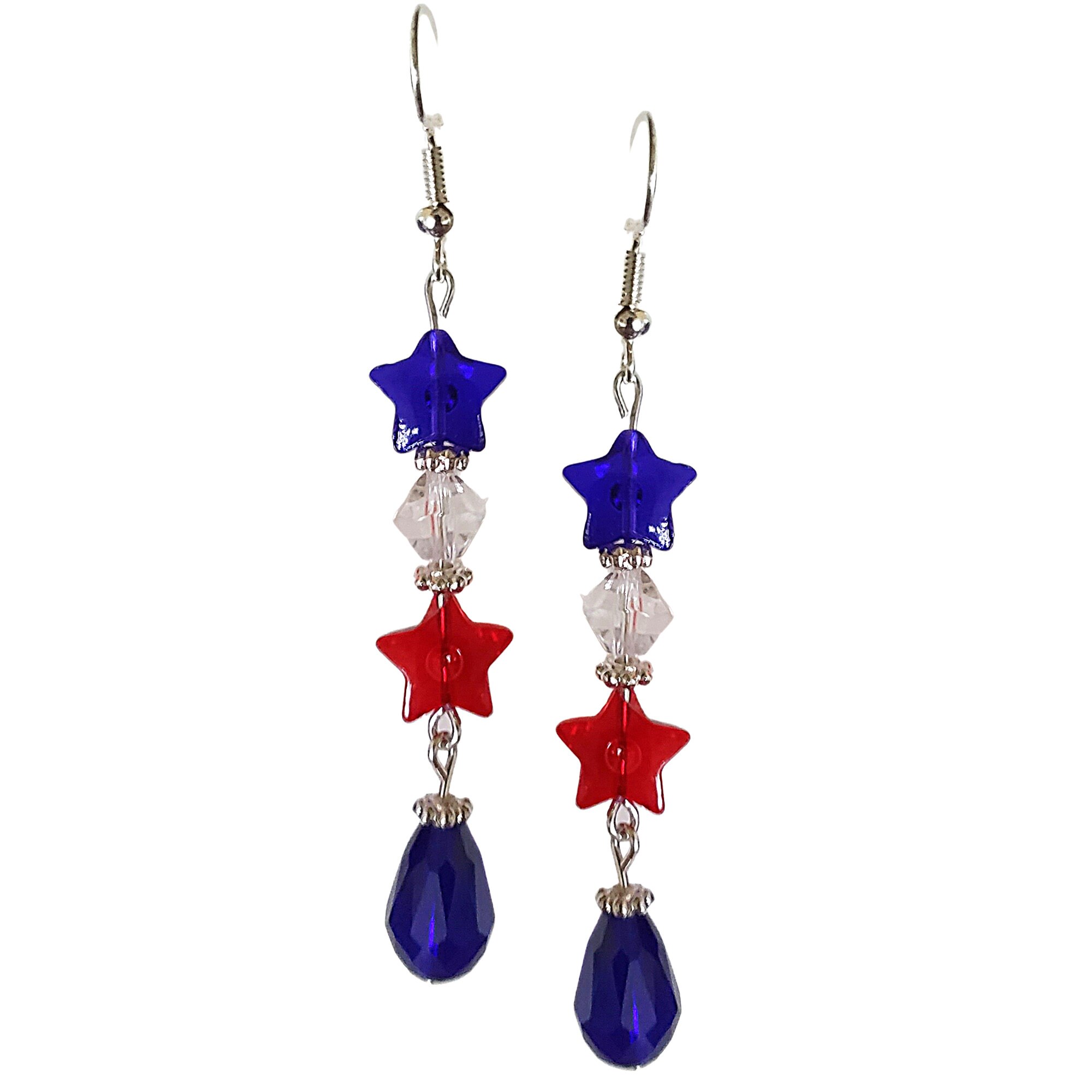 USA Stars and Teardrop Patriotic Crystal Earrings - 4th of July Earrings - Independence Day Gift Earrings - Long USA Earrings - Thumbnail 2