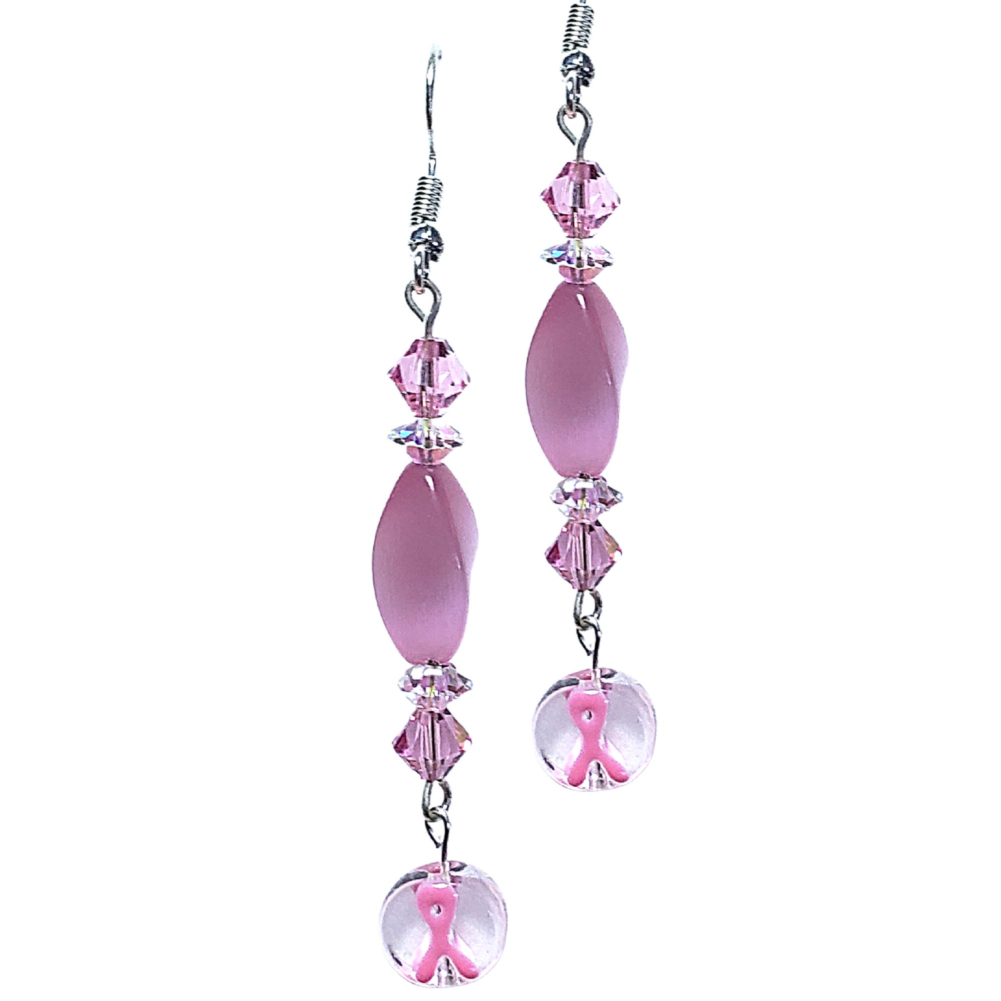 Breast Cancer Earrings - cancer Awareness Pink Ribbon Earrings - Long Pink Crystal Earrings-Breast Cancer Ribbon Earrings-Breast Cancer Gift - Thumbnail 2