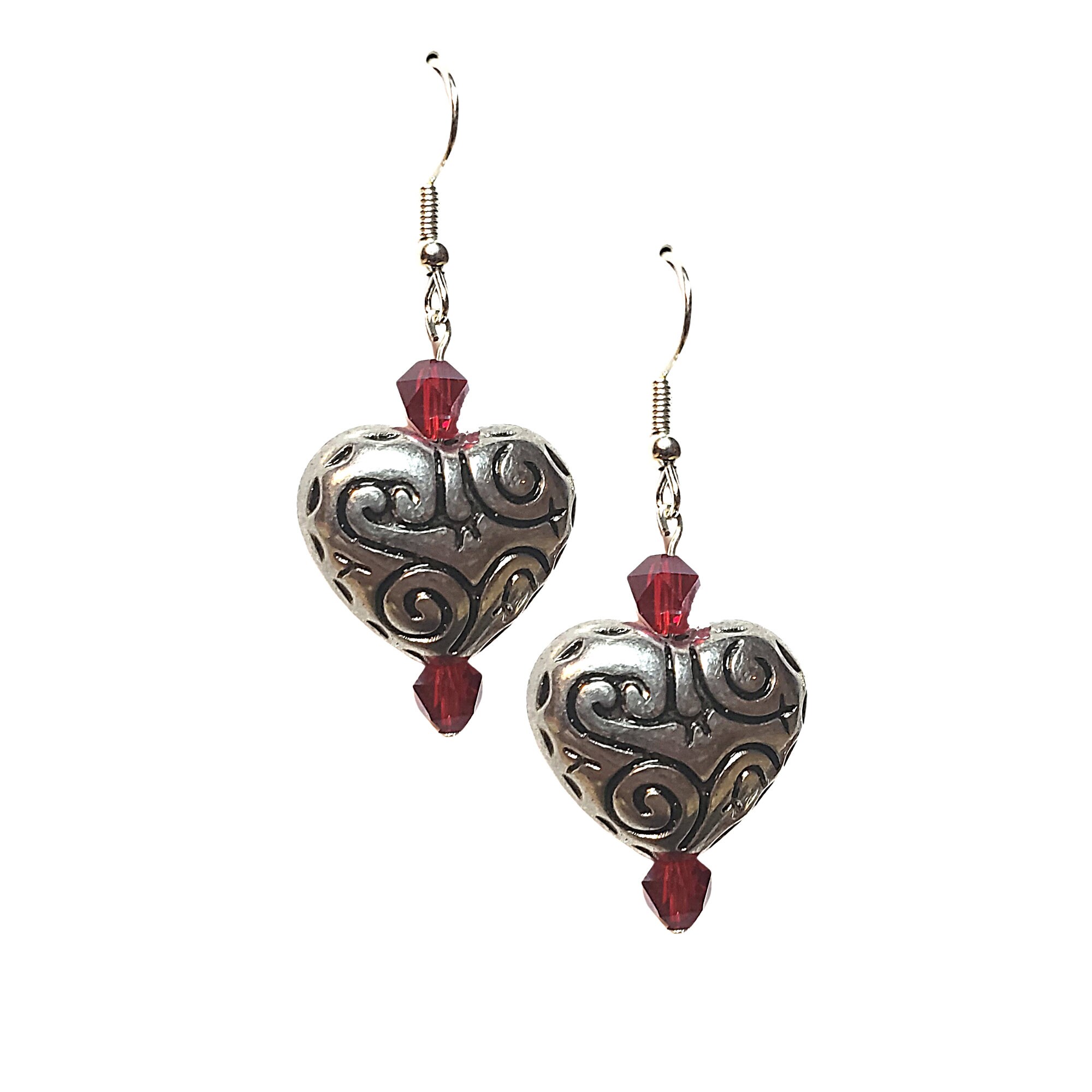 Silver Filigree Heart Earrings - Red Crystal Earrings - Heart Jewelry - Heart Gift -Mother's Day Gift - Valentine's Day Gift - Birthday Gift - Thumbnail 3