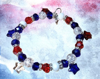 Red White Blue Crystals and Stars Patriotic USA Bracelet - USA American Patriotic Gift- 4th of July Bracelet - Independence Day Gift