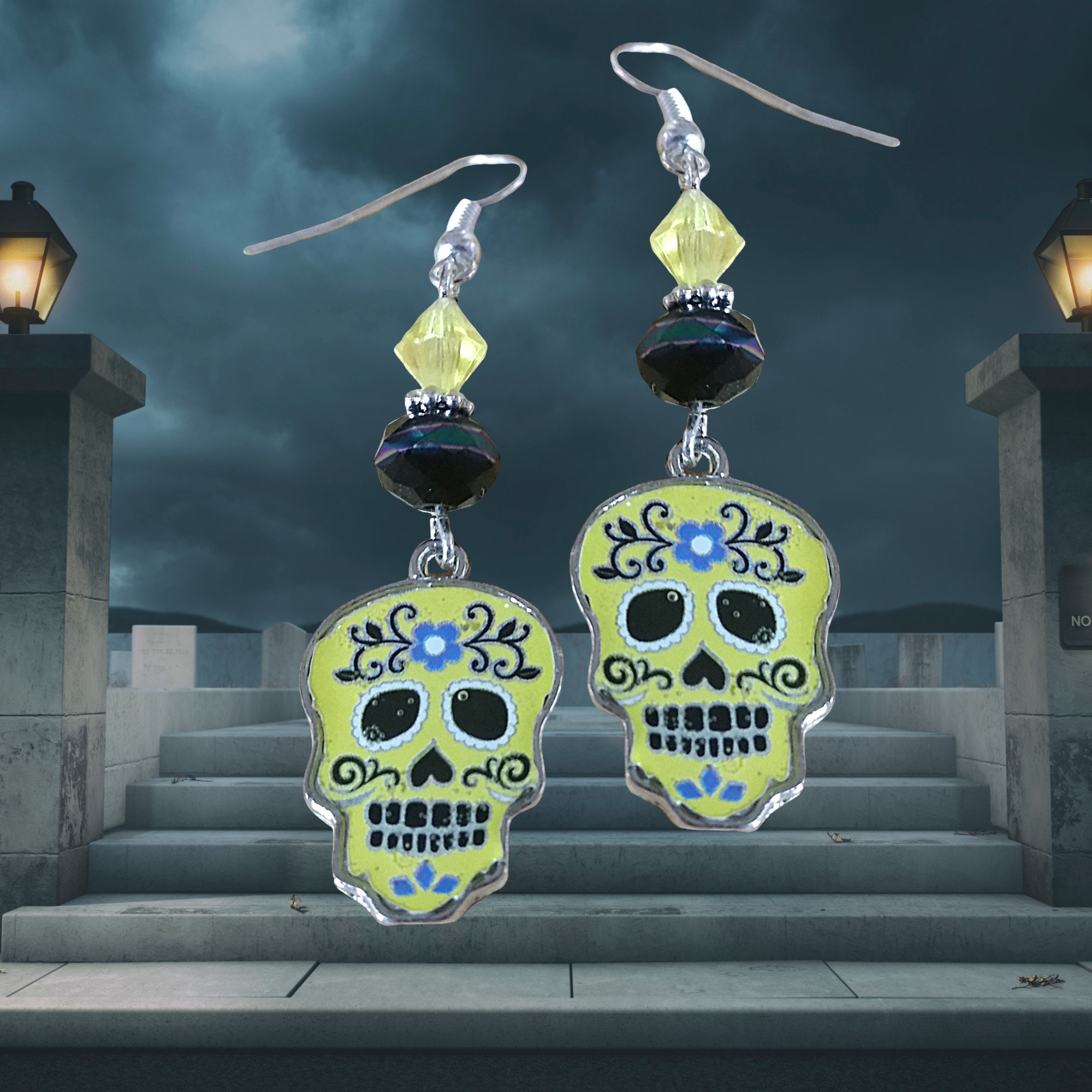 Halloween Earrings-Colorful Skull Earrings-Day of the Dead Skull Earrings (5 colors to choose from)-Kawaii Earrings-Halloween Gift Earrings - Thumbnail 2