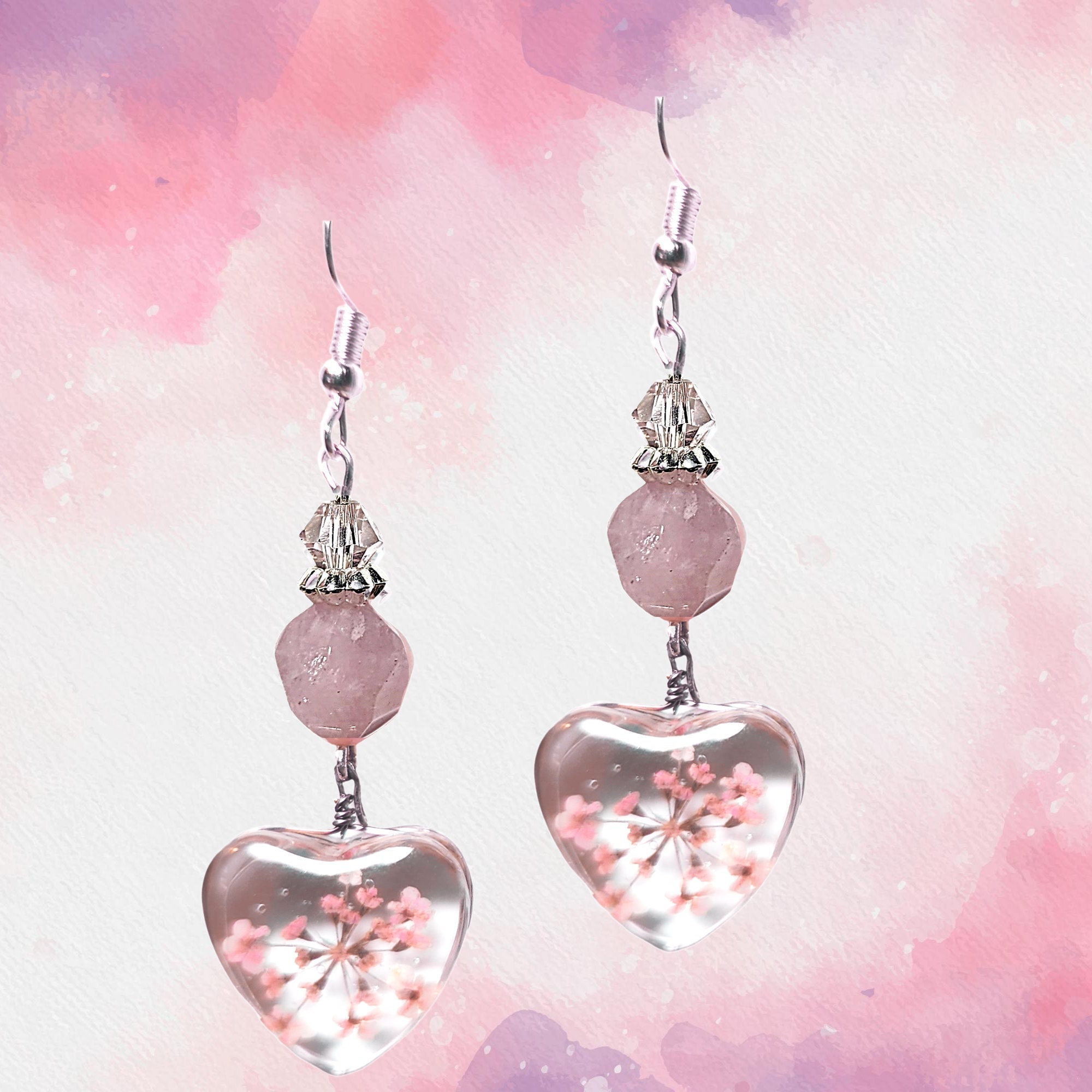 Pink Flower Resin Earrings - Dry Pressed Flower Resin Heart Earring - Pink Flower Earrings - Pink Crystal Earrings - Easter Flower Earrings