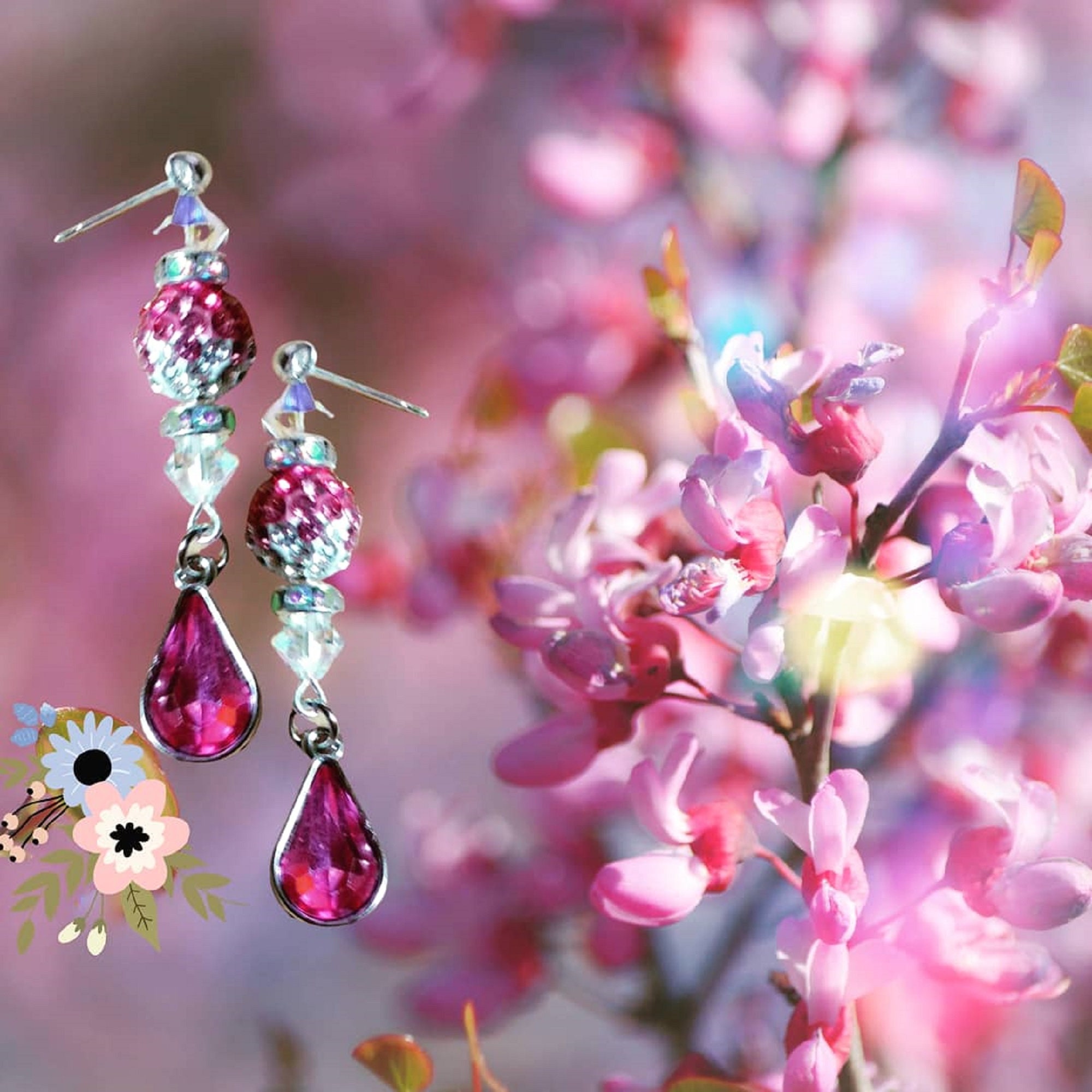 Pink Crystal Teardrop Earrings -Pink Crystal Dangle Earrings -Christmas Gift -Birthday Gift-Earring Gift-Made in USA-long Statement Earrings - Thumbnail 2