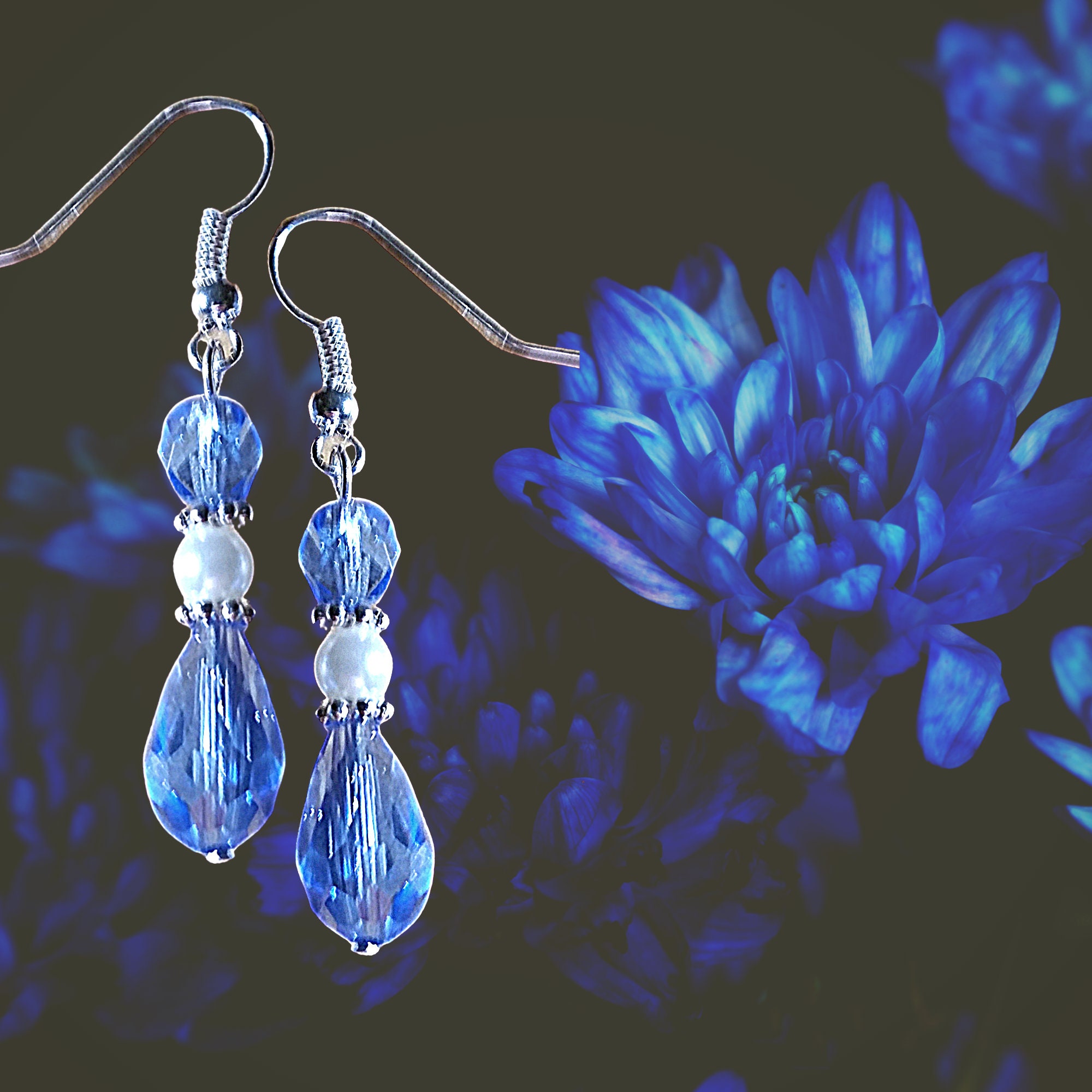 Tanzanite Blue Earrings - Purple Crystal Earrings - Pearl Earrings - Christmas Gift - Birthday Gift - Handmade in USA - Thumbnail 2