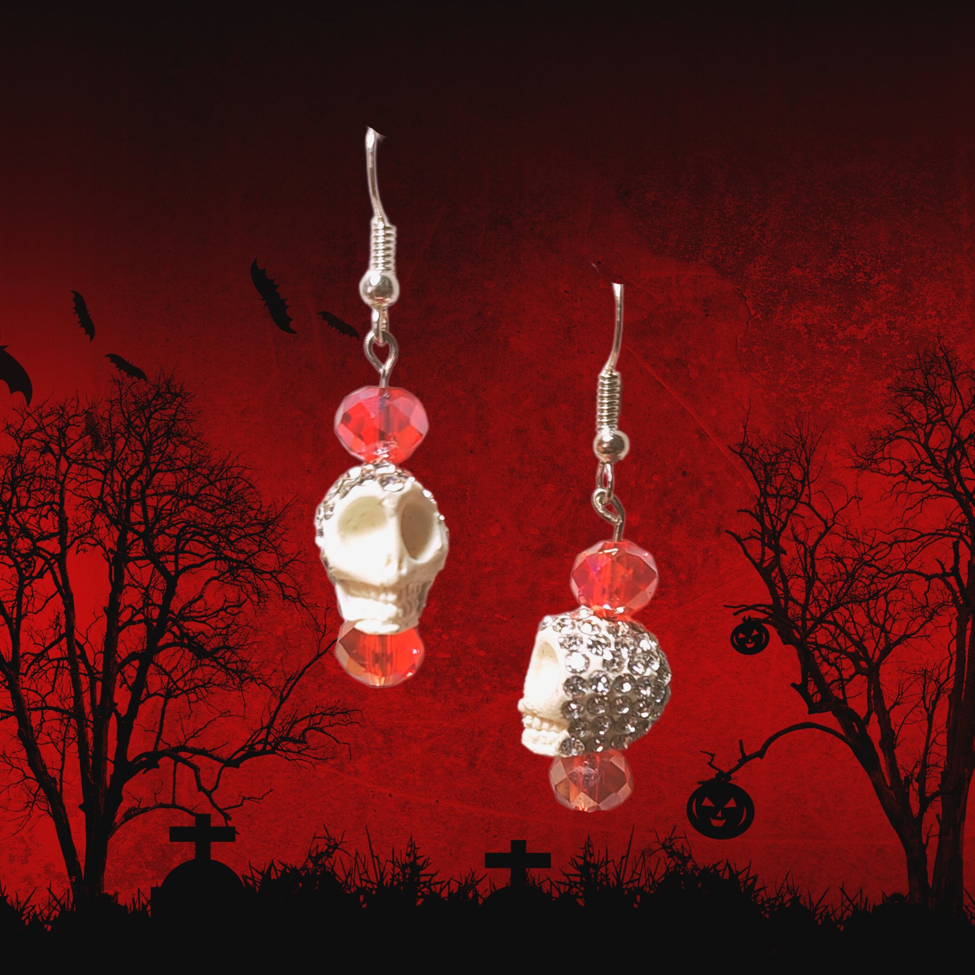Halloween Earrings - Kawaii Earrings - Crystal Skull Earrings - Sparkly Halloween Earrings - Orange Crystal Earrings - Halloween Gift