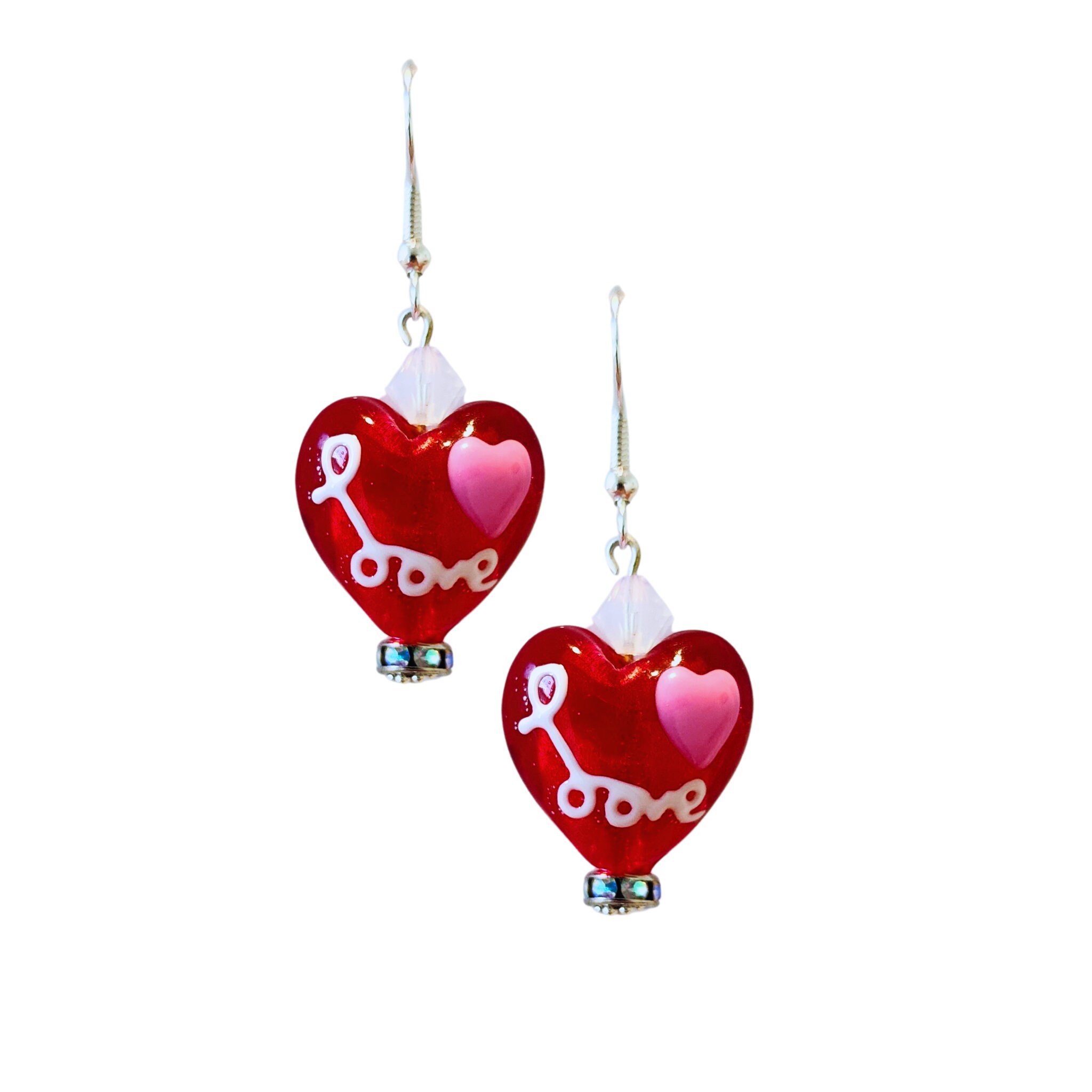 Valentine's Day Heart Earrings - Mother's Day Heart Jewelry - Kawaii Earrings - Red Glass Heart Earrings  Valentine's Day Earrings Gift - Thumbnail 2