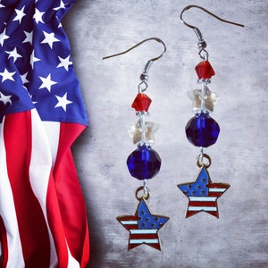 American Flag Star Patriotic Crystal Earrings - USA Jewelry - Red White Blue Jewelry - July 4th Earrings - Independence Day Gift