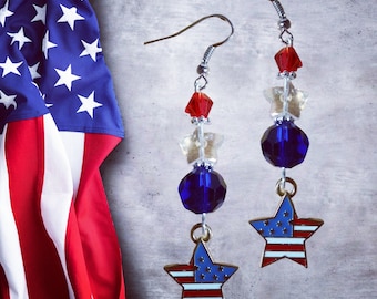 American Flag Star Patriotic Crystal Earrings - USA Jewelry - Red White Blue Jewelry - July 4th Earrings - Independence Day Gift