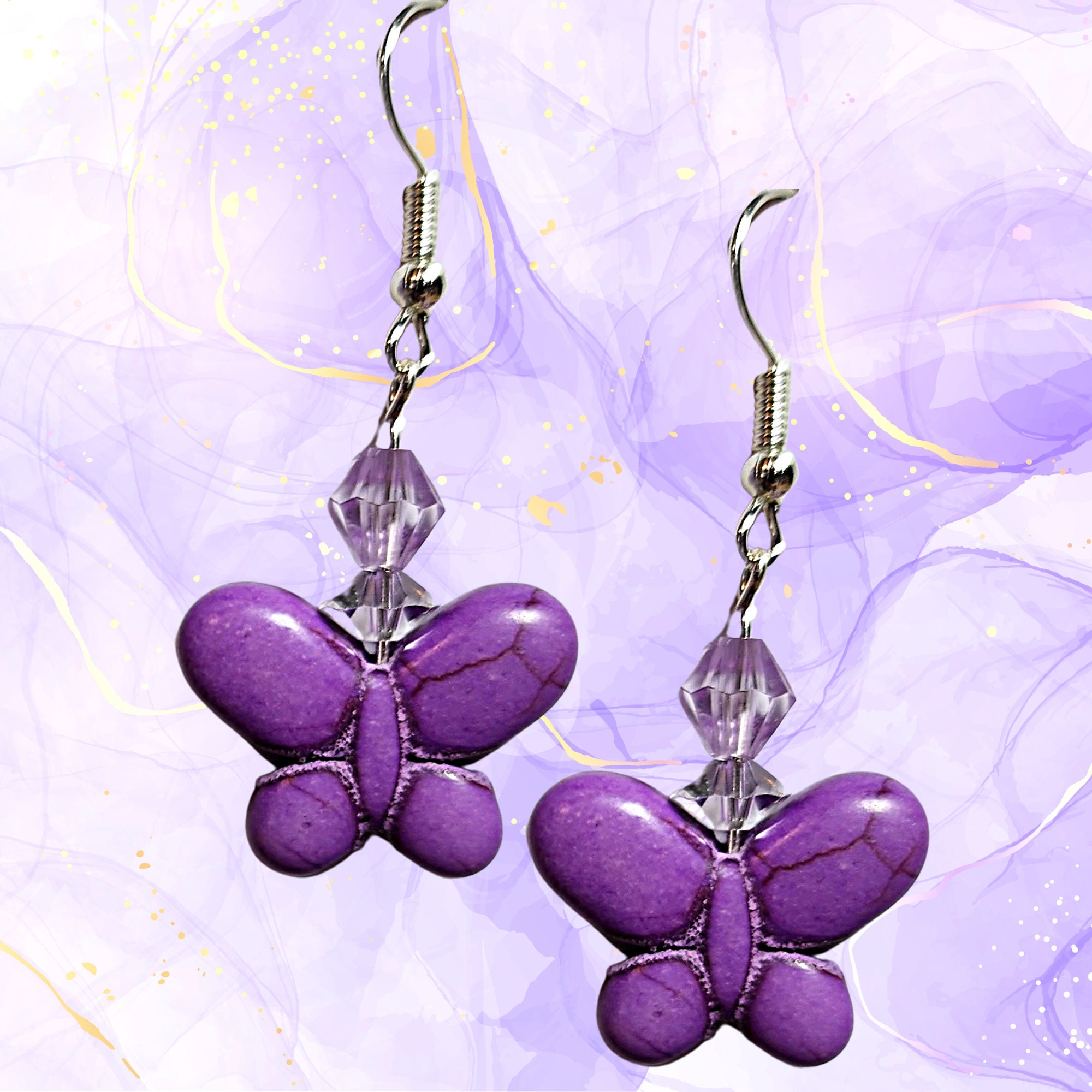 Butterfly Lovers Howlite Earrings - MANY COLORS - Colorful Butterfly Earrings-Spring Gift Earrings - Kawaii Earrings - Handmade Dangles - Thumbnail 3