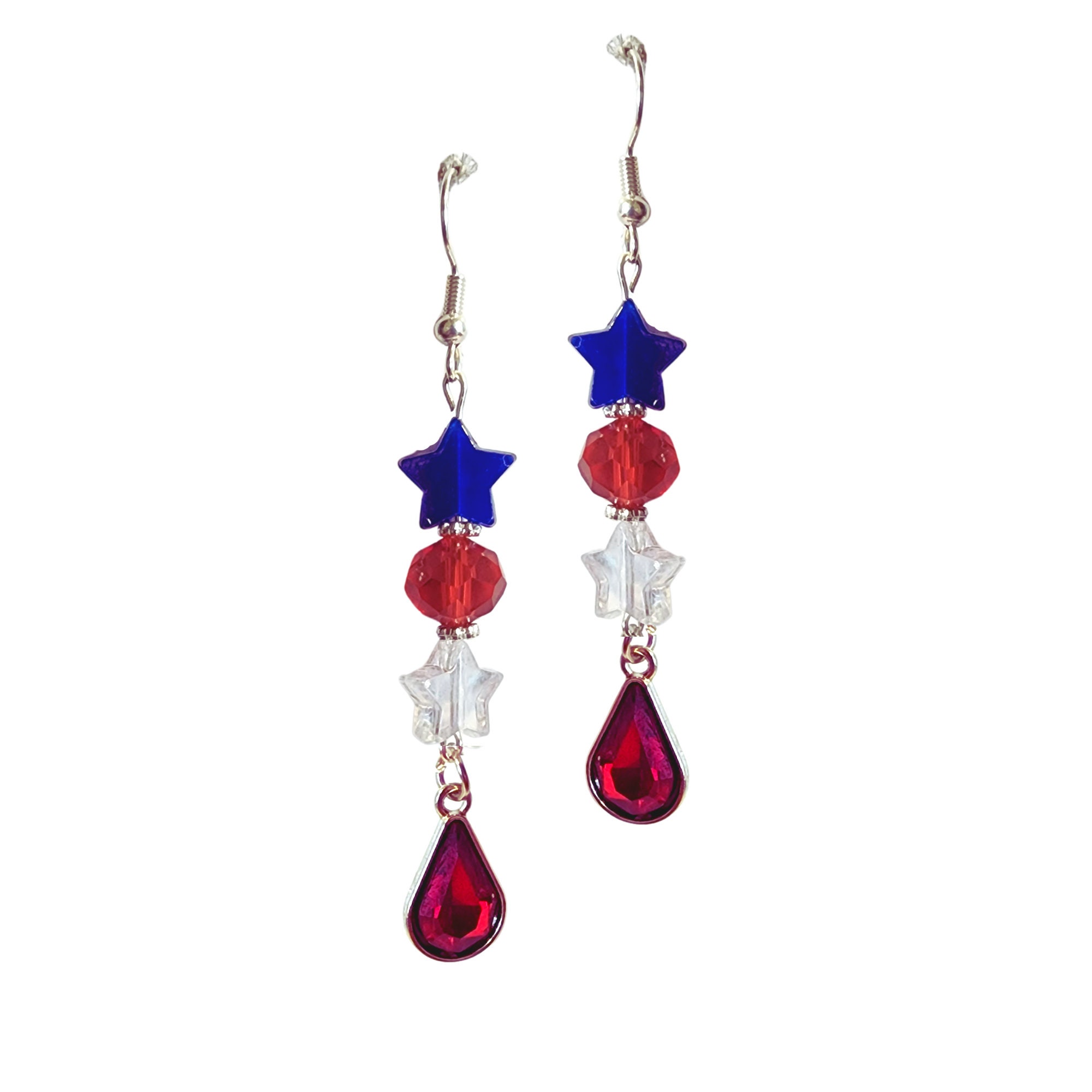 USA Red White Blue Stars and Long Teardrop Patriotic Crystal Earrings - 4th of July Earrings - Independence Day Gift Earrings - Thumbnail 2