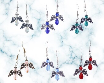 Colorful Crystal Silver Winged Angel Earrings - Christmas Gift - Easter Gift - Birthday Gift - Religious Gift - 6 colors