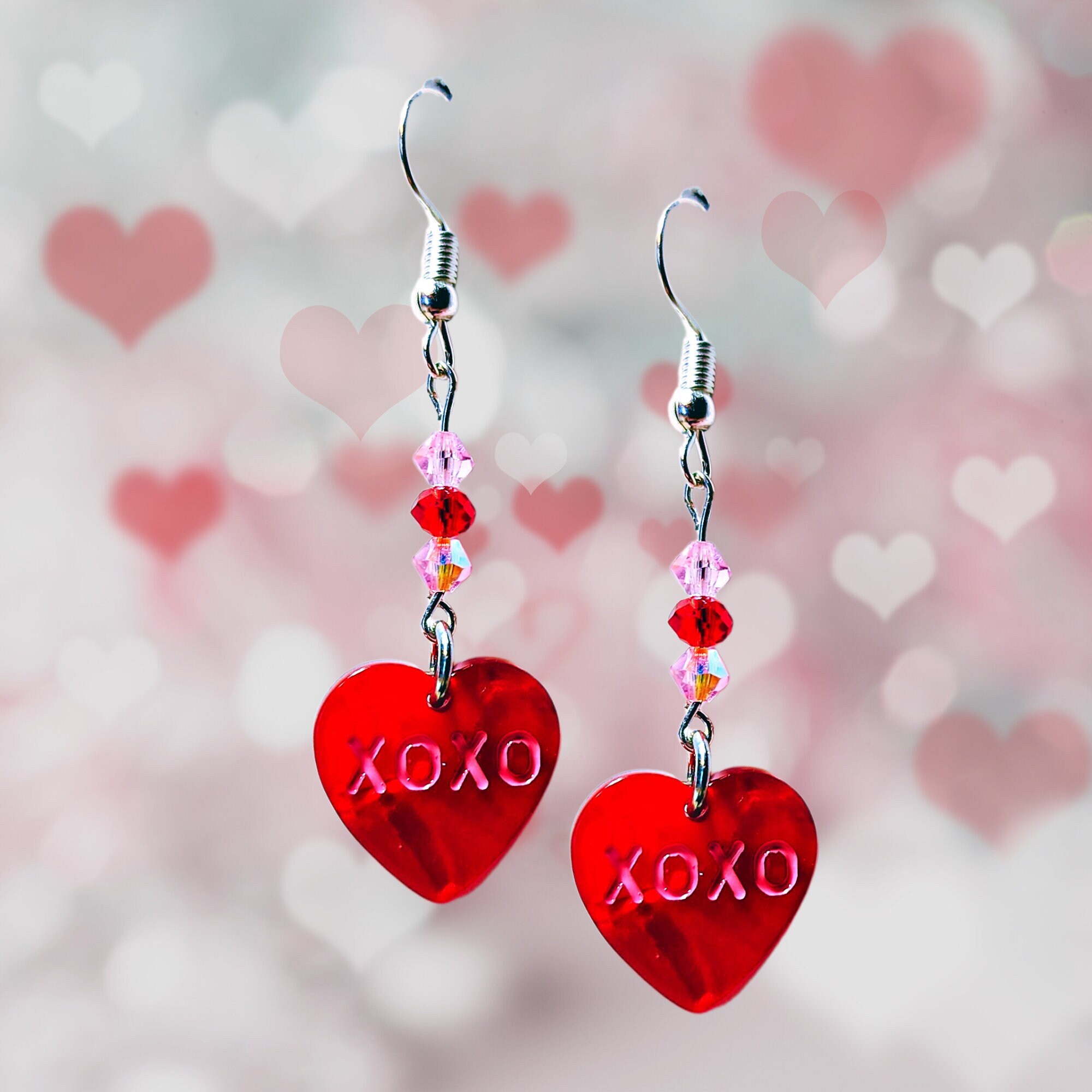 Red Heart Earrings -Pink Crystal Earrings -Red Crystal Earrings - Heart Jewelry -Valentine's XOXO Earrings, Mother's Day Gift -Birthday Gift