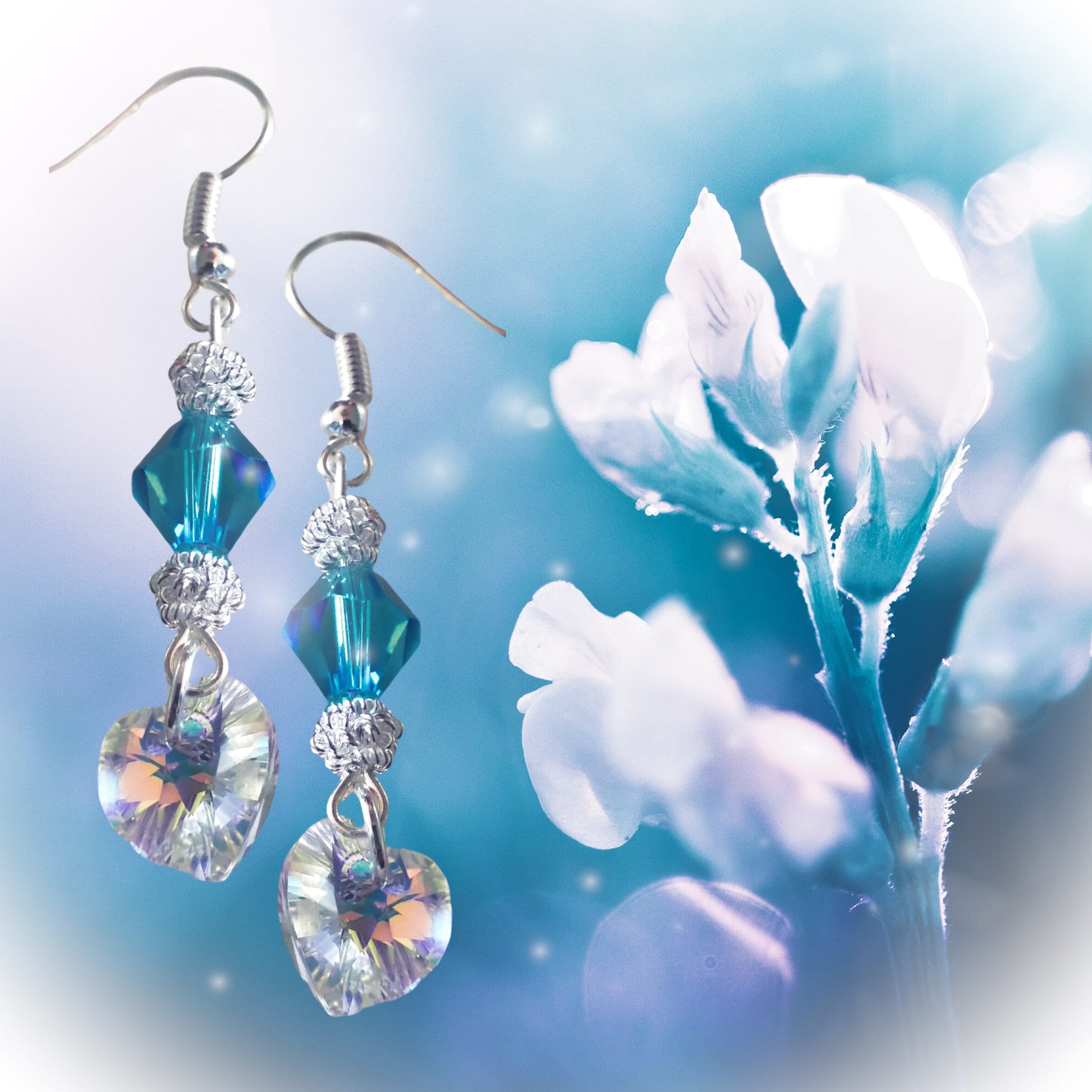 Handmade Swarovski Earrings - Blue Crystal Earrings - Crystal Heart Earrings - Statement Earrings - Christmas Gift - Birthday Gift -