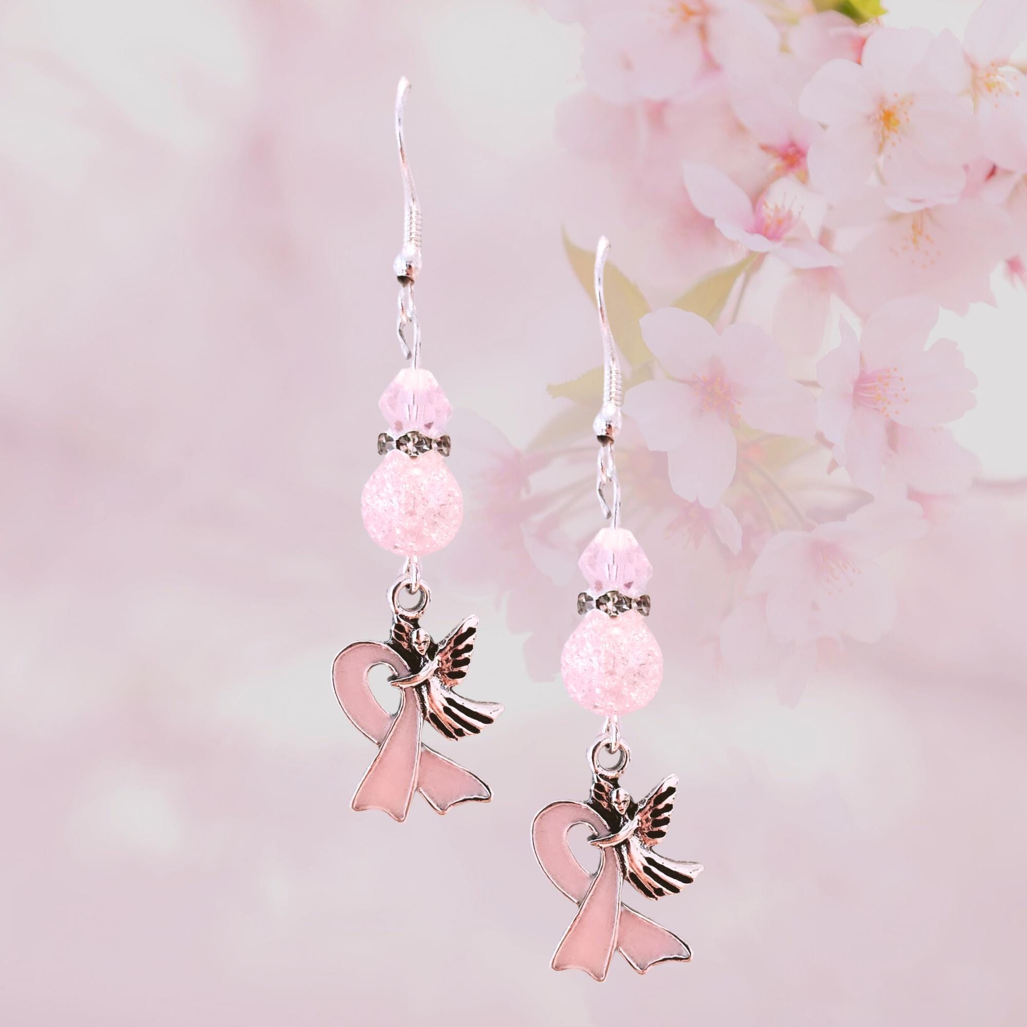 Pink Ribbon with Angel Breast Cancer Earrings - Pink Crystal Earrings - Elegant Pink Cancer Awareness Gift - Thumbnail 2