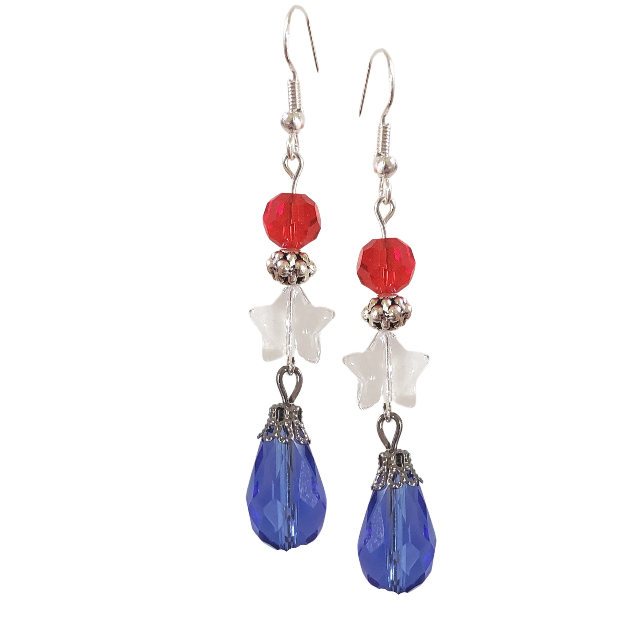 USA Red White Blue Stars Long Teardrops Patriotic Crystal Earrings - 4th of July Earrings - Independence Day Gift Earrings - Thumbnail 2