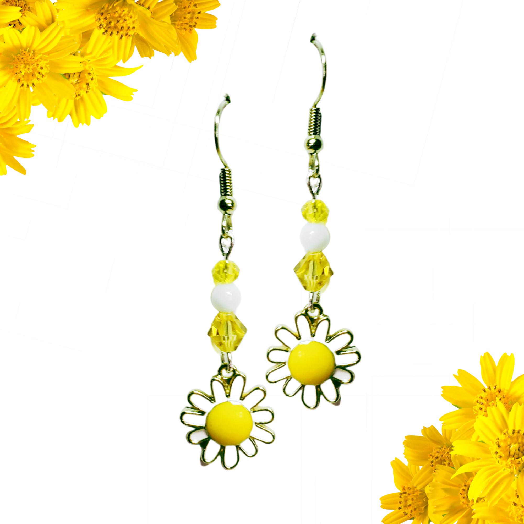 Daisy Earrings - Green Flower Earrings - Crystal Flower Earrings - Yellow Flower Earrings - Blue Flower Earrings - Kawaii Earrings - Thumbnail 3