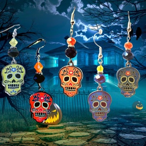 Halloween Earrings-Colorful Skull Earrings-Day of the Dead Skull Earrings (5 colors to choose from)-Kawaii Earrings-Halloween Gift Earrings