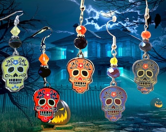Halloween Earrings-Colorful Skull Earrings-Day of the Dead Skull Earrings (5 colors to choose from)-Kawaii Earrings-Halloween Gift Earrings