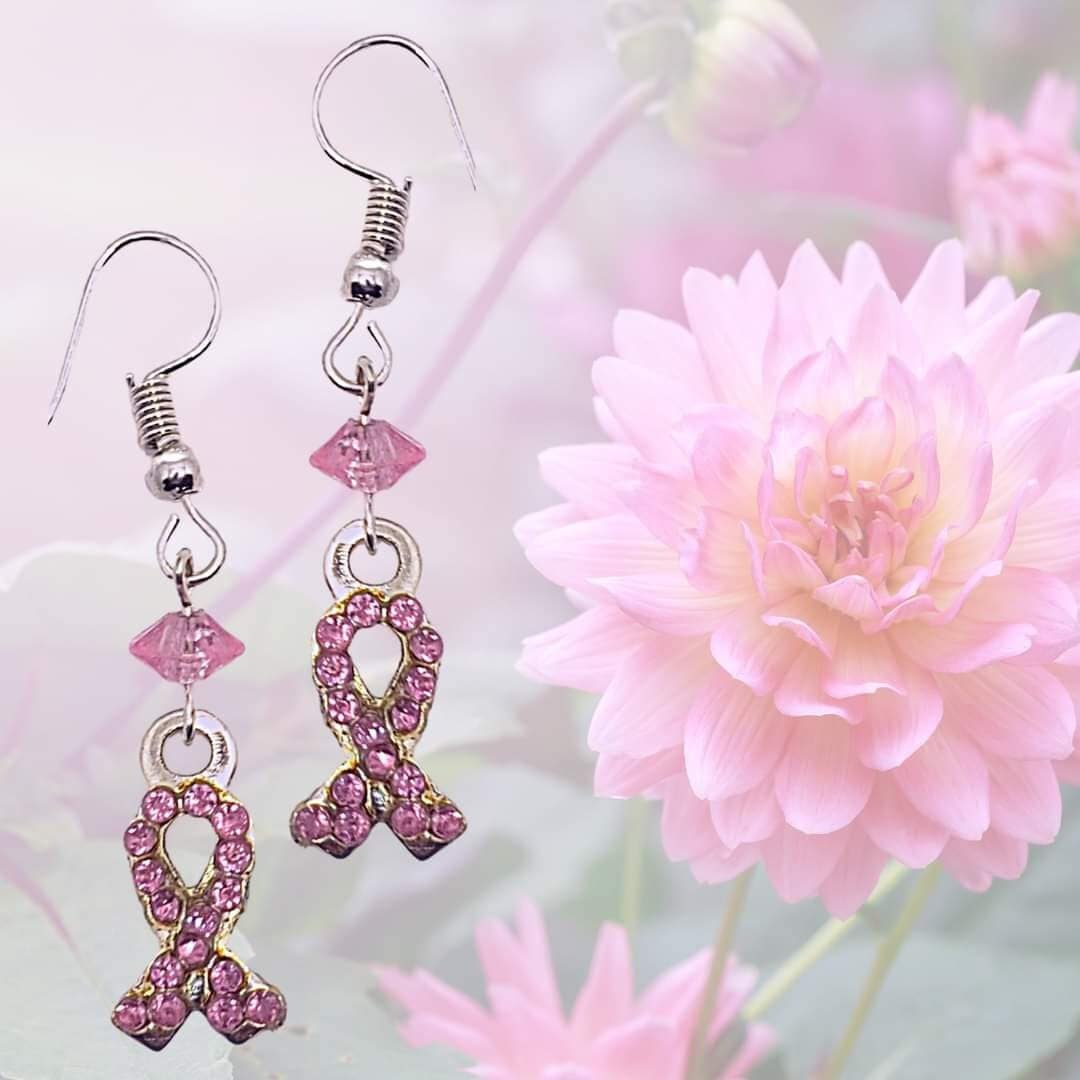 Breast Cancer Earrings - Cancer Awareness Pink Ribbon Earrings - Pink Crystal Earrings - Breast Cancer Ribbon Earrings - Breast Cancer Gift