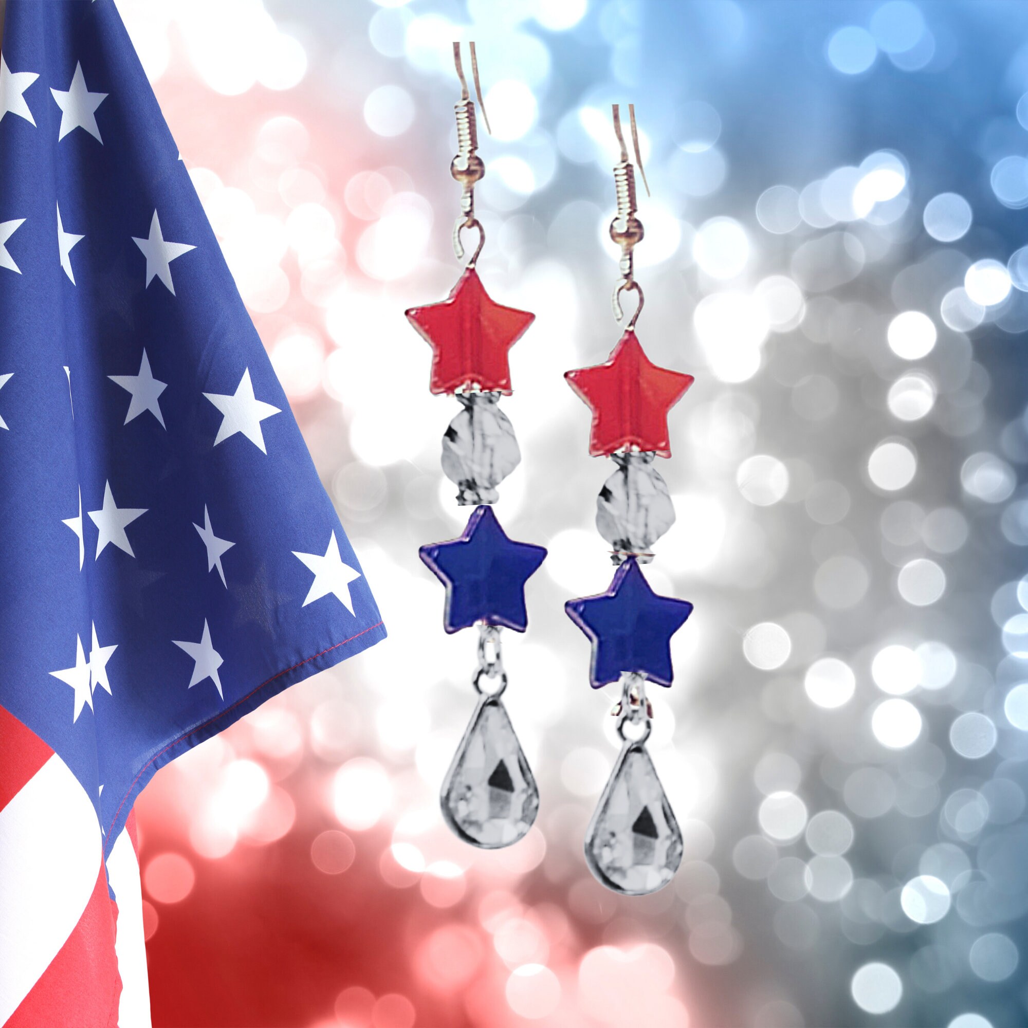 American Red White Blue Crystal Stars and Teardrop Long Patriotic Earrings - 4th of July Earrings - Independence Day Gift Earrings